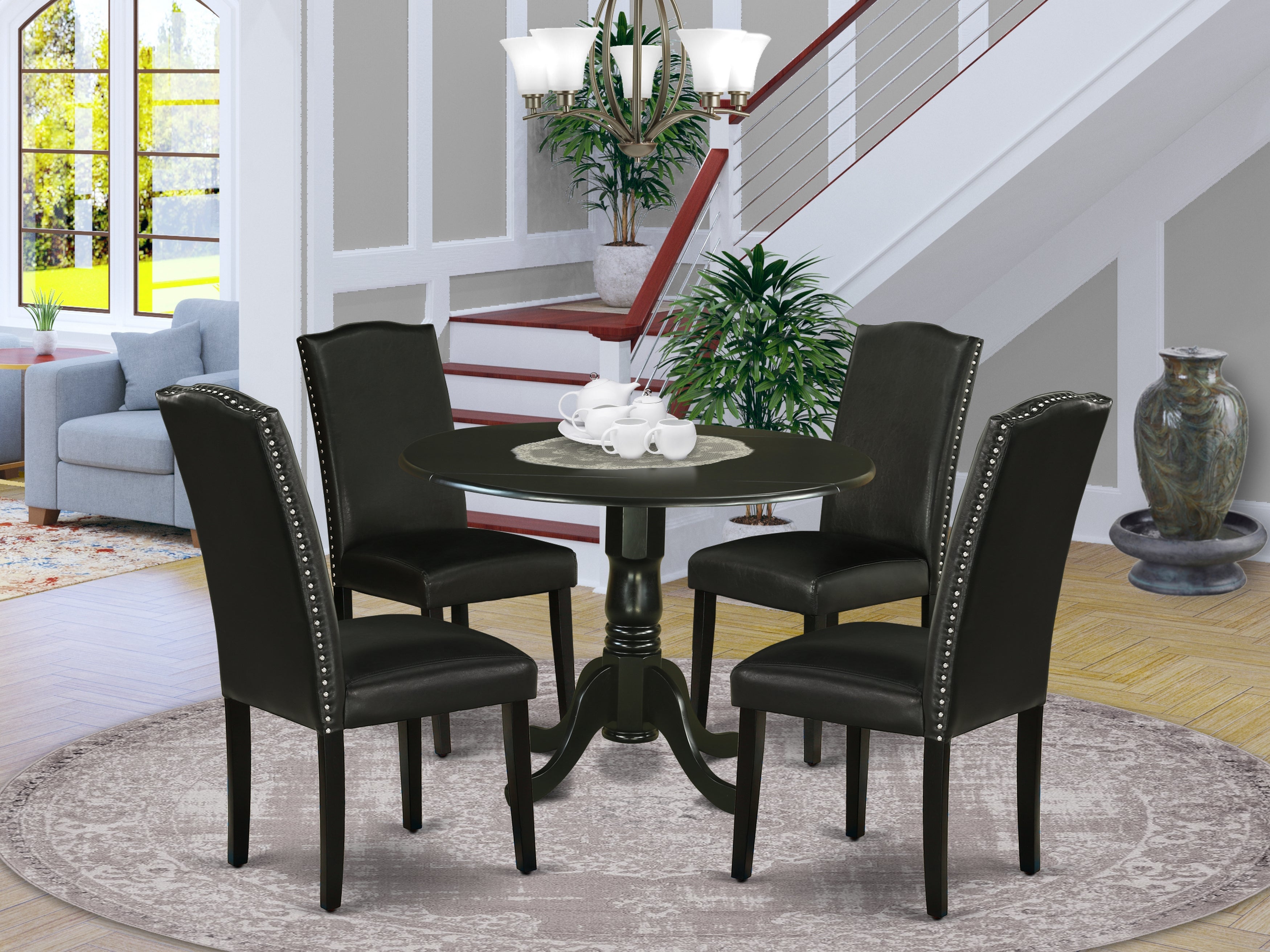 DLEN5-BLK-69 5Pc Round 42" Kitchen Table With Two 9-Inch Drop Leaves And Four Parson Chair With Black Leg And Pu Leather Color Black