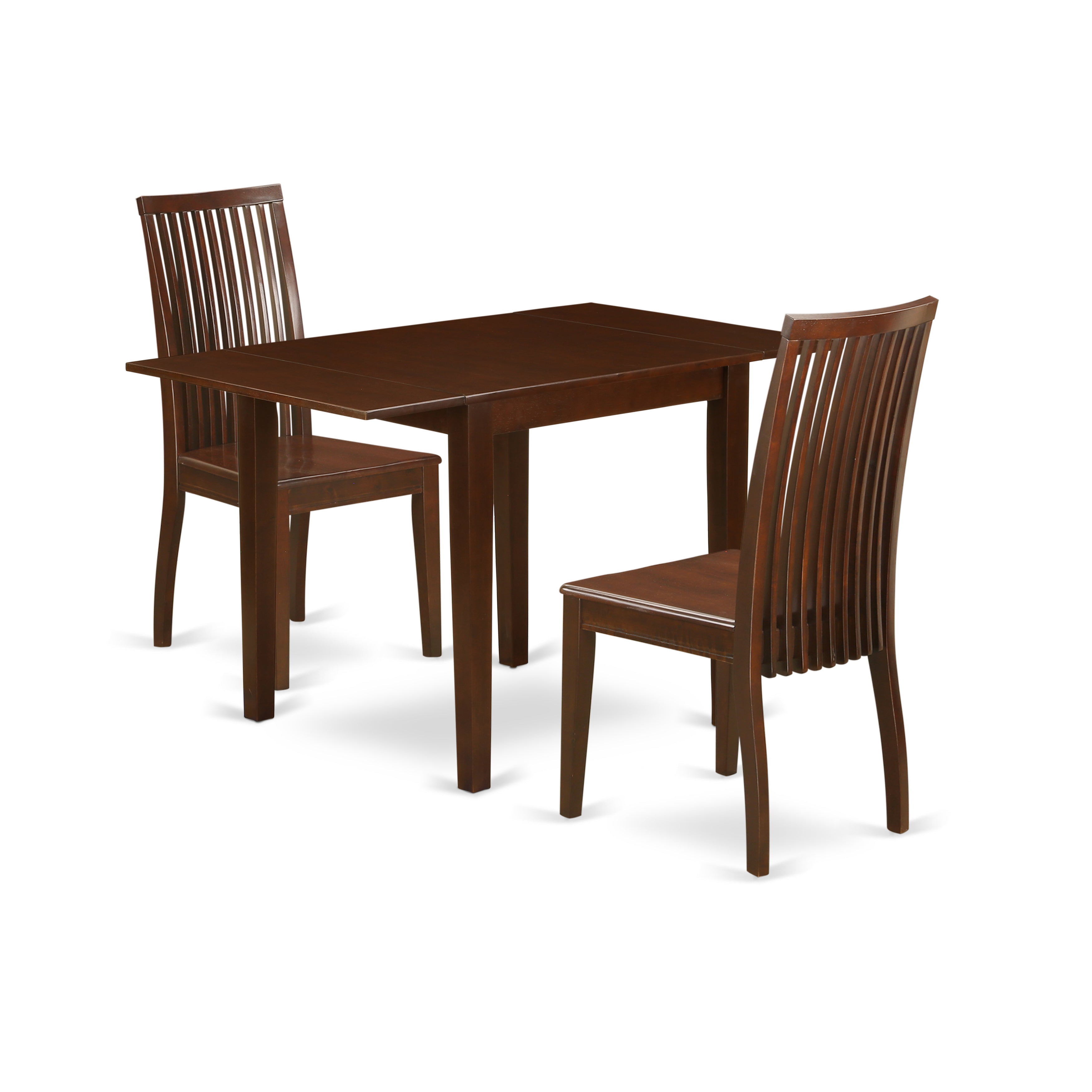 East West Furniture NDIP3-MAH-W 3Pc Dinette Set Includes a Small Dining Table and 2 Dinette Chairs with Rubberwood Seat and Slat Back, Mahogany Finish