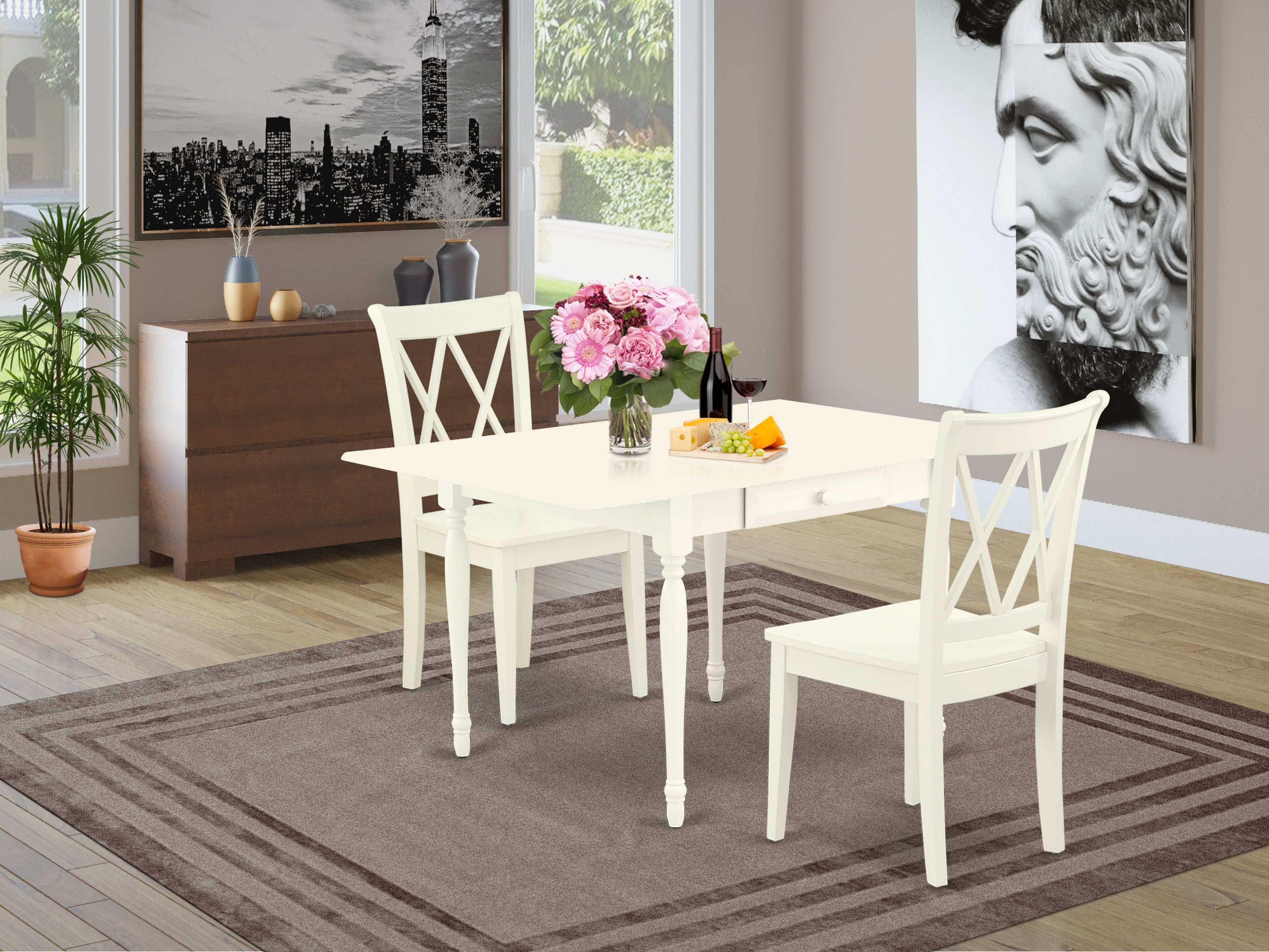 East West Furniture MZCL3-LWH-W 3Pc Dining Room Table Set Consists of a Small Dining Table and 2 Wooden Dining Chairs with Solid Wood Seat, Drop Leaf Table with Double X Back Chairs, Linen White Finish