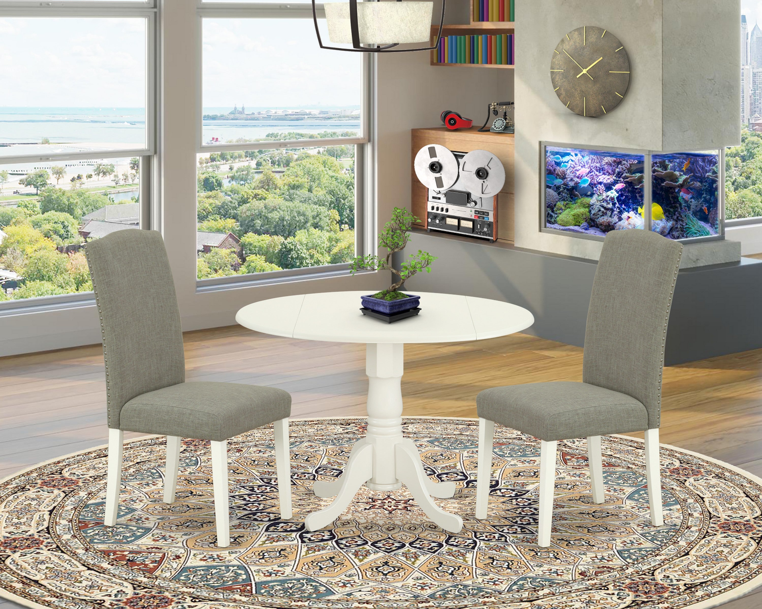 DLEN3-LWH-06 3Pc Round 42 Inch Kitchen Table With Two 9-Inch Drop Leaves And A Pair Of Parson Chair With Linen White Leg And Linen Fabric Dark Shitake