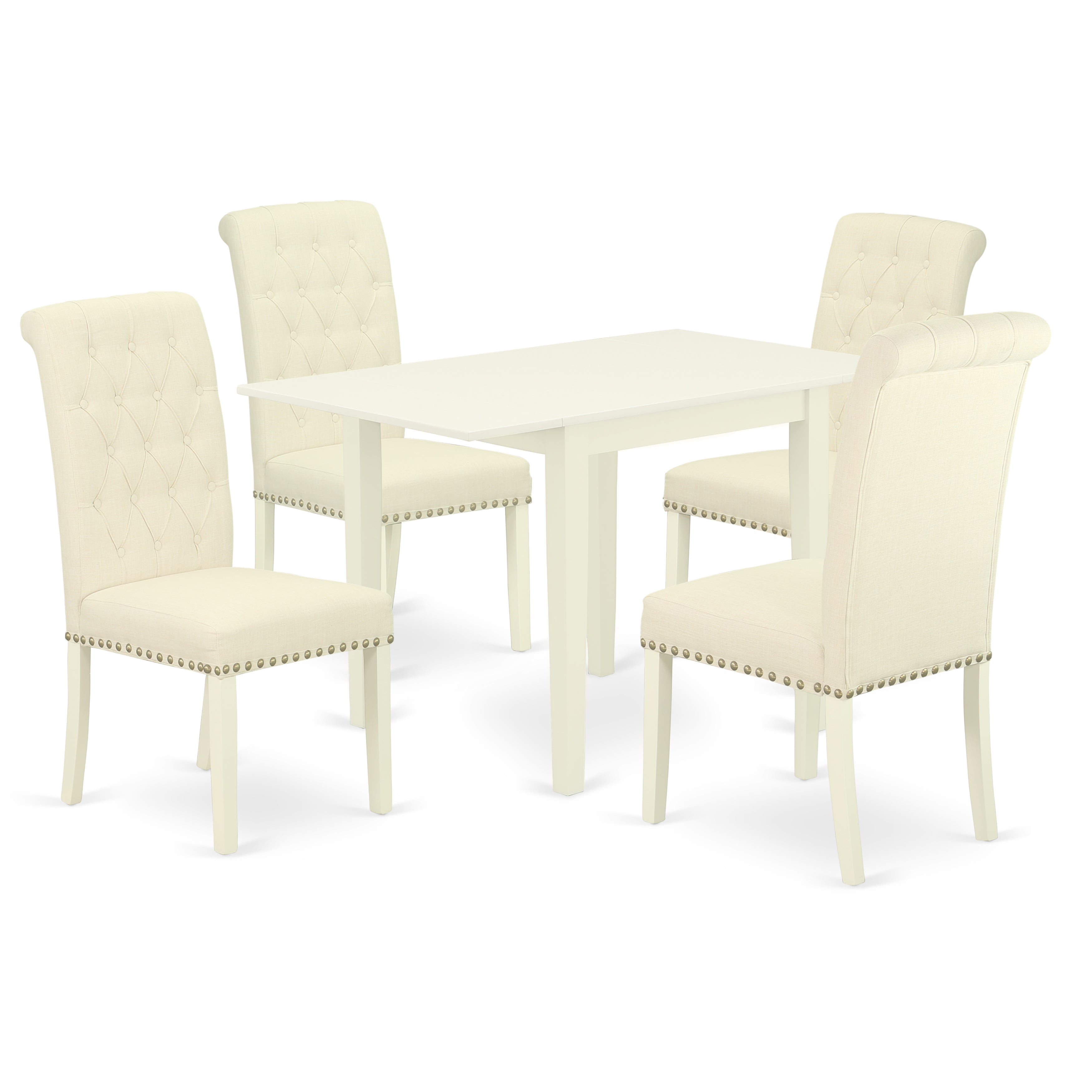 East West Furniture NDBR5-LWH-02 Wooden Dining Table Set 5 Pc - Four Dining Room Chairs and a Dining Room Table - Linen White Finish Solid wood - Light Beige Color Linen Fabric