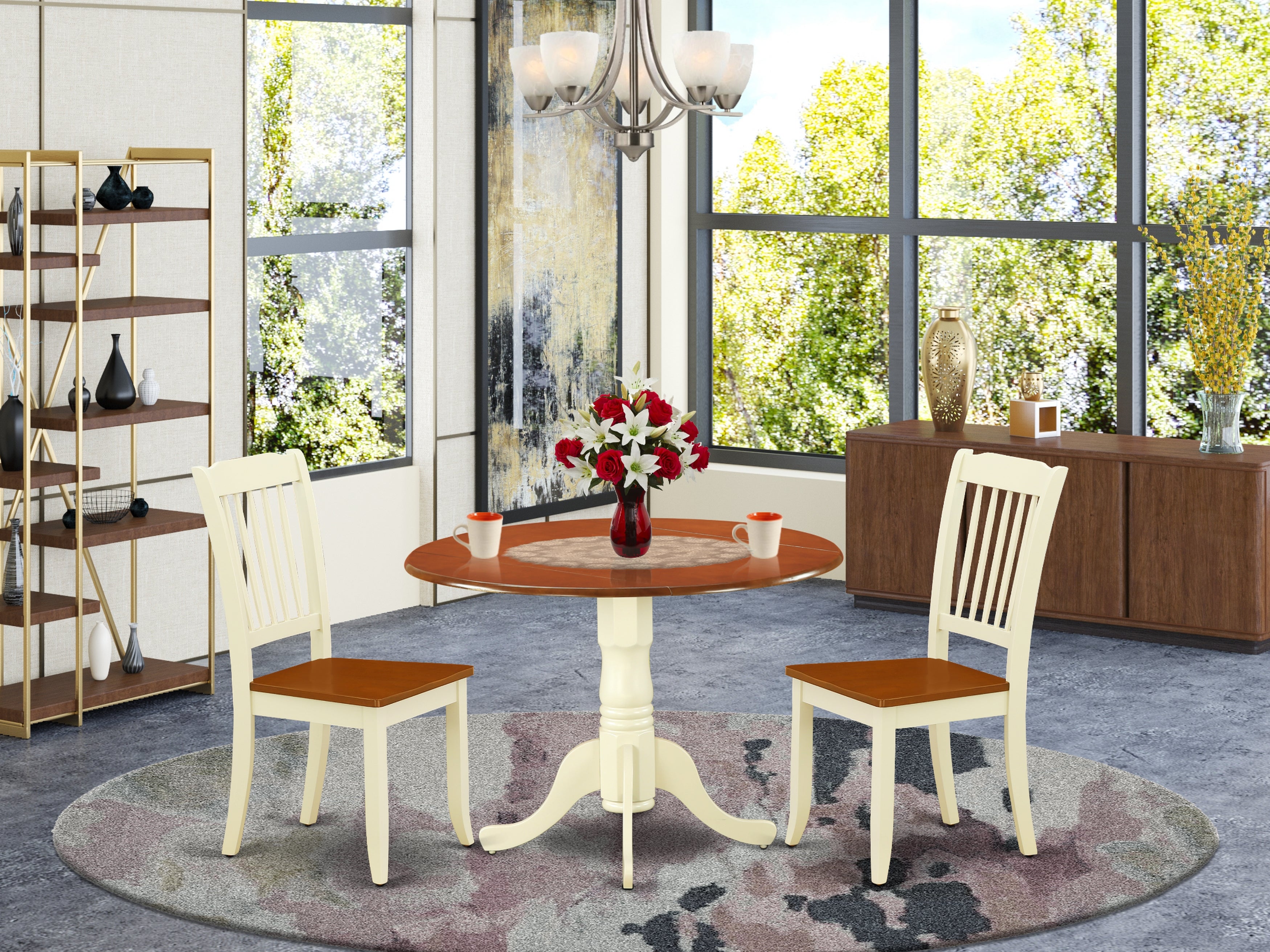 DLDA3-BMK-W 3PC Round 42 inch Table and 2 vertical slatted Chairs