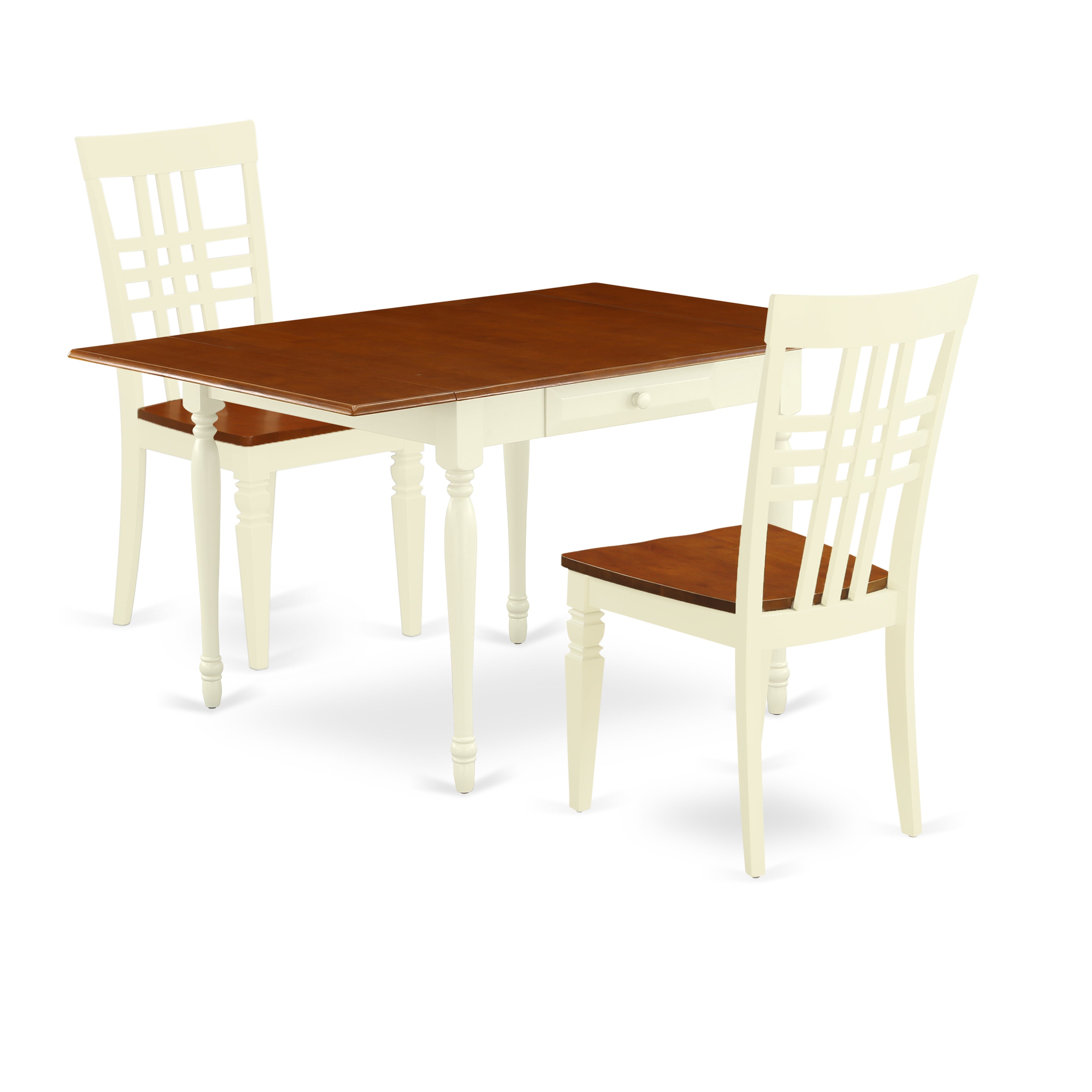East West Furniture MZLG3-WHI-W 3 Pieces Dining Table set - Heavy Duty Two 9-Inch Drop Down Leaves Solid Wood Dinette Table and 2 Wooden Seat Kitchen Chairs, Buttermilk and Cherry Finish