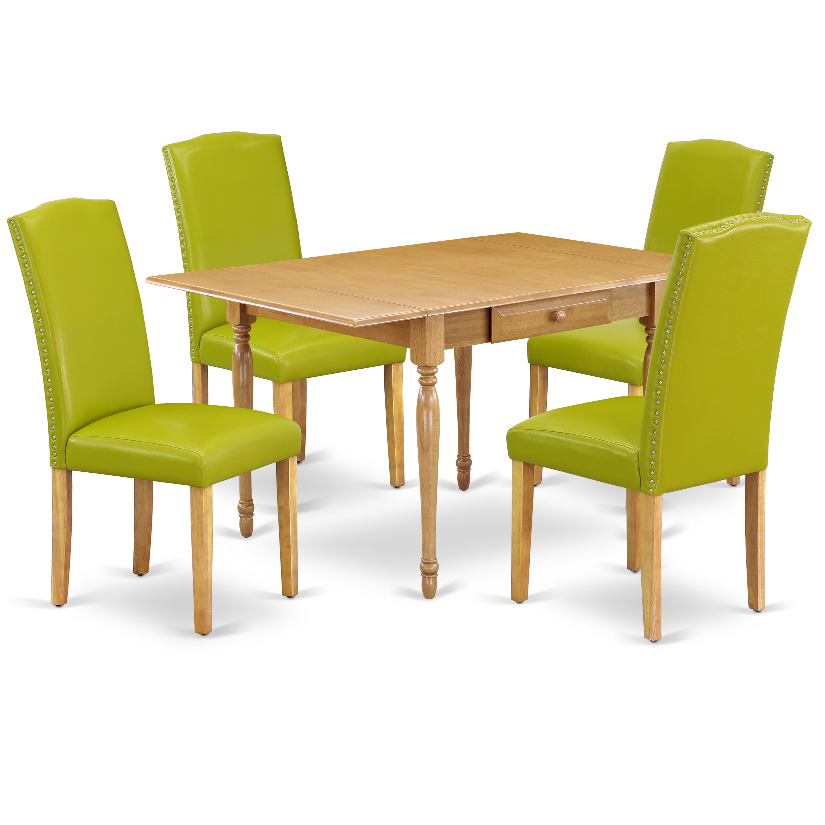 East West Furniture MZEN5-OAK-51 5Pc Dinette Sets for Small Spaces Offers a Wood Dining Table and 4 Parson Dining Chairs with Autumn Green Color PU Leather, Drop Leaf Table with Full Back Chairs, Oak Finish