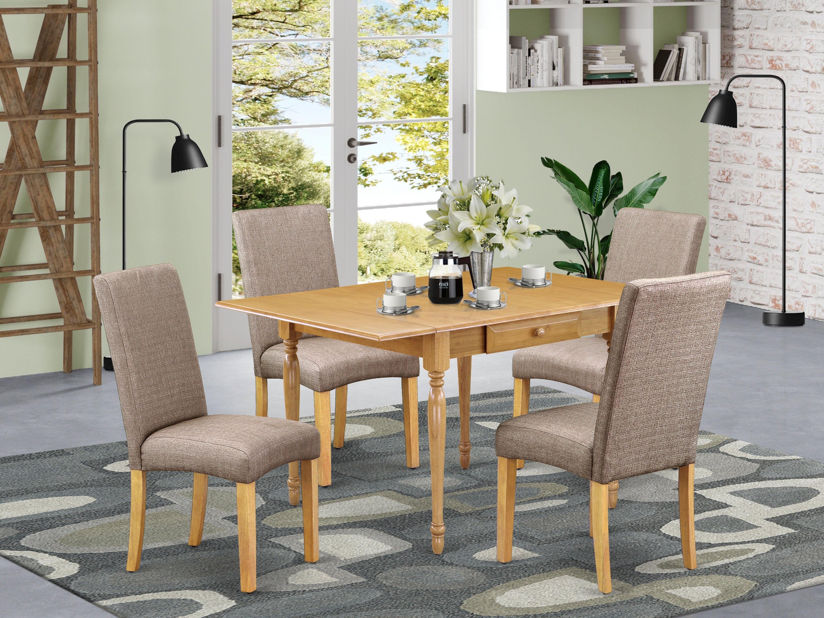 East West Furniture MZDR5-OAK-16 5Pc Kitchen Table Set Consists of a Small Kitchen Table and 4 Parsons Chairs with Dark Khaki Color Linen Fabric, Drop Leaf Table with Full Back Chairs, Oak Finish