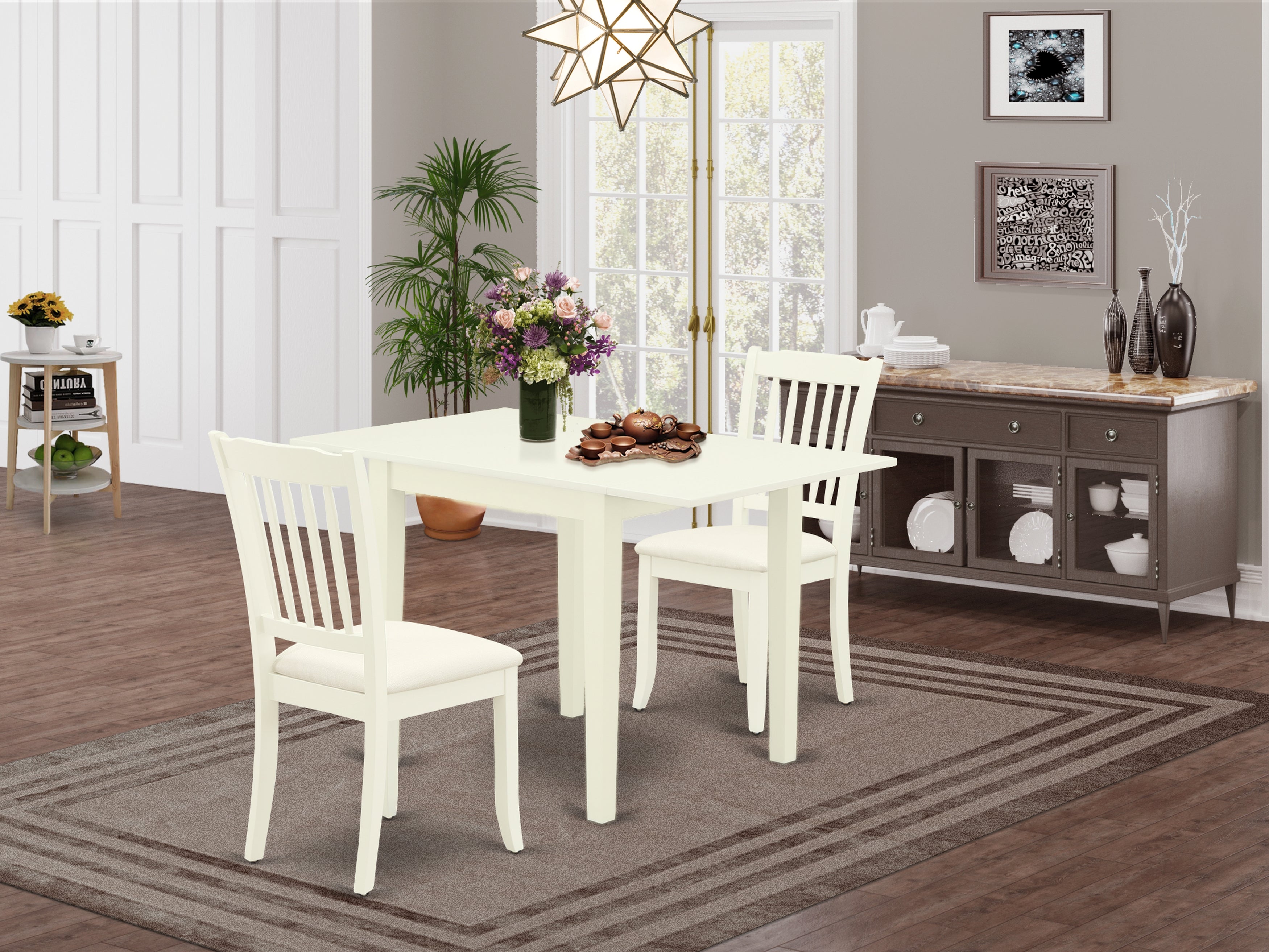 East West Furniture NDDA3-LWH-C Dining Room Table Set for 3- 2 Excellent Dining Room Chairs - a fabulous Wooden Dining Table - Linen White Color Microfiber - Linen White Finish Wood Structure