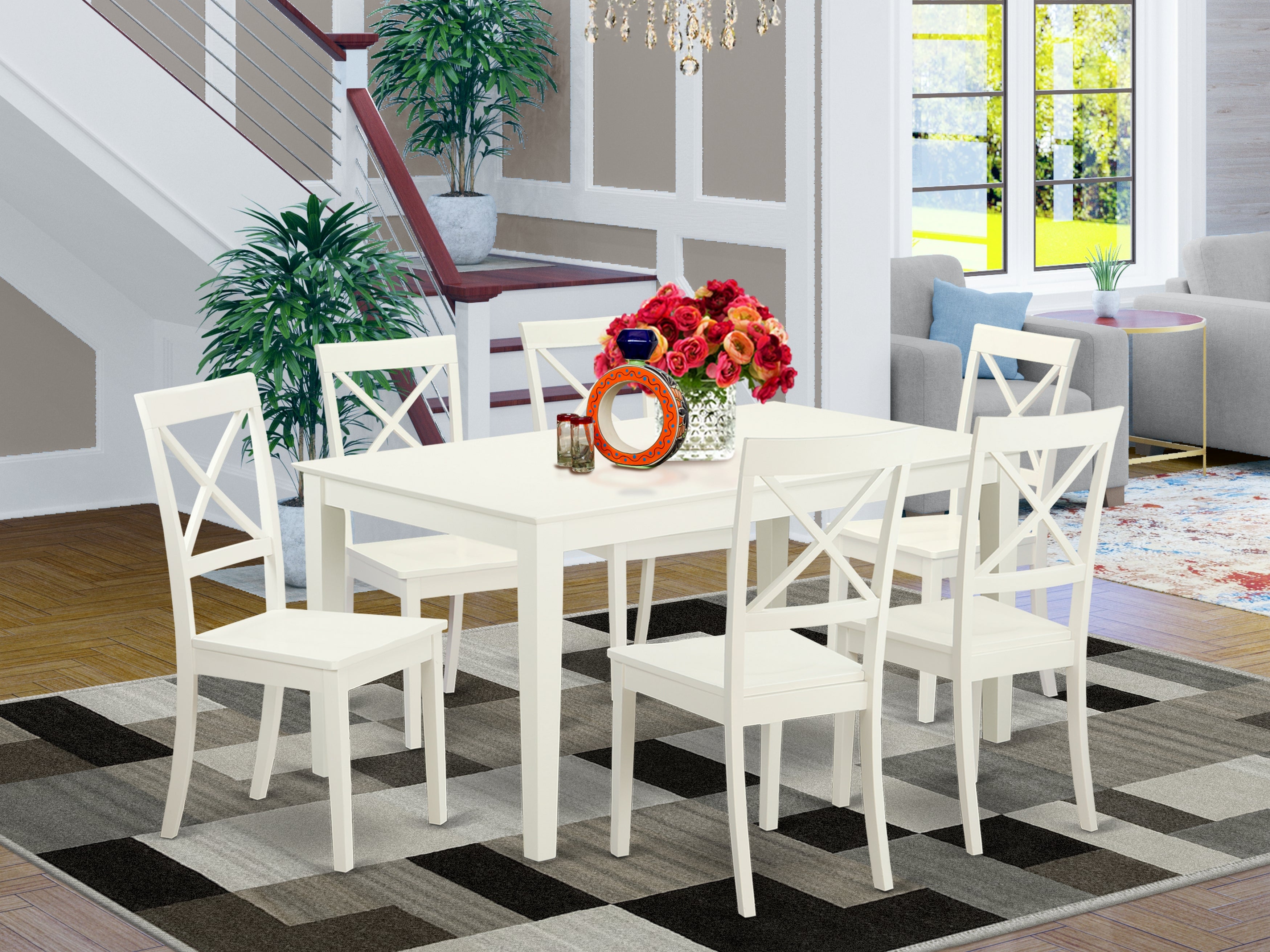 CABO7-LWH-W 7 Piece dining table set for 6- Dining table and 6 Wood seat dining chairs