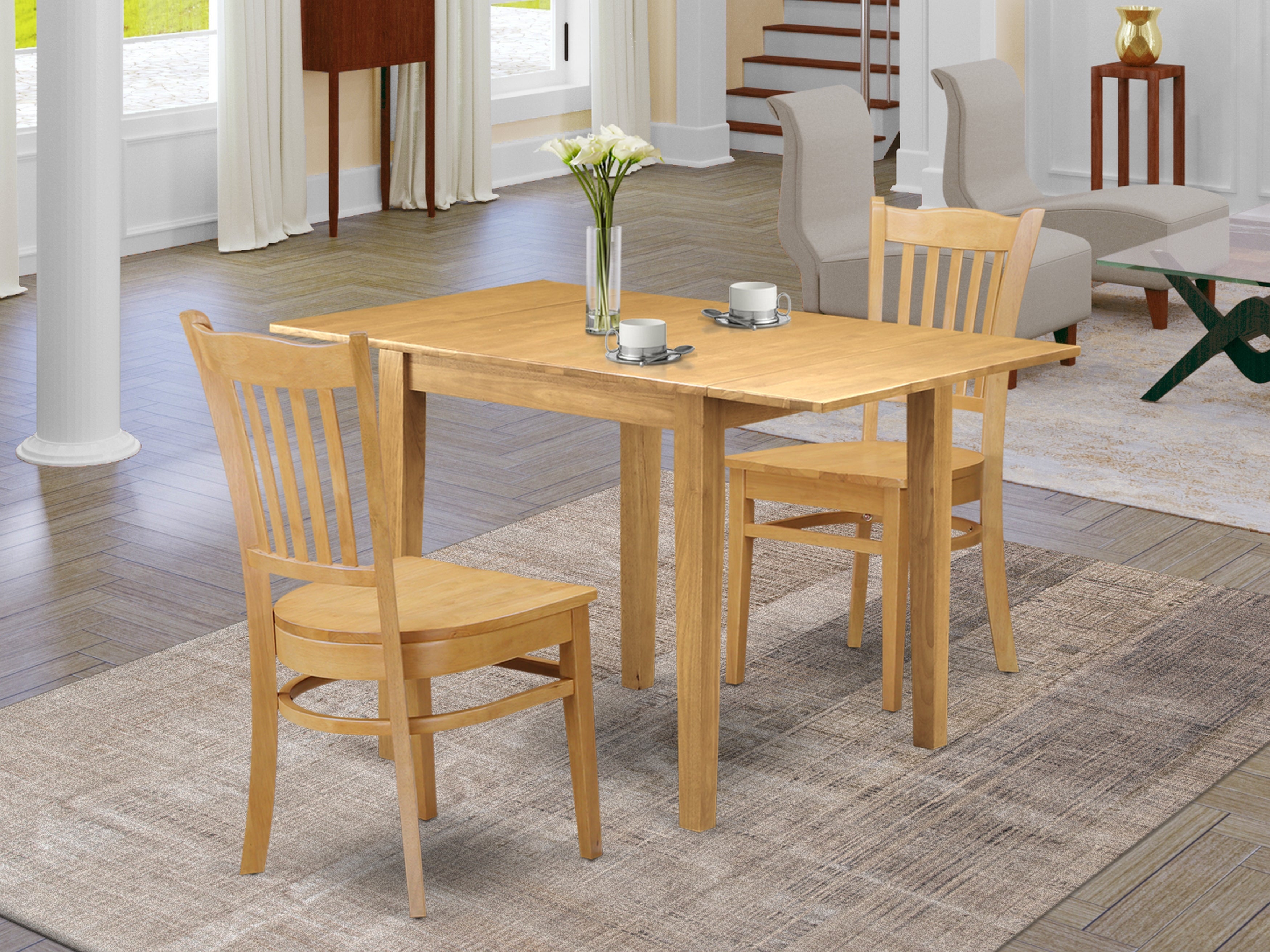 East West Furniture NDGR3-OAK-W 3Pc Dining Table Set Consists of a Dining Room Table and 2 Kitchen Chairs with Hard Wood Seat and Slat Back, Oak Finish