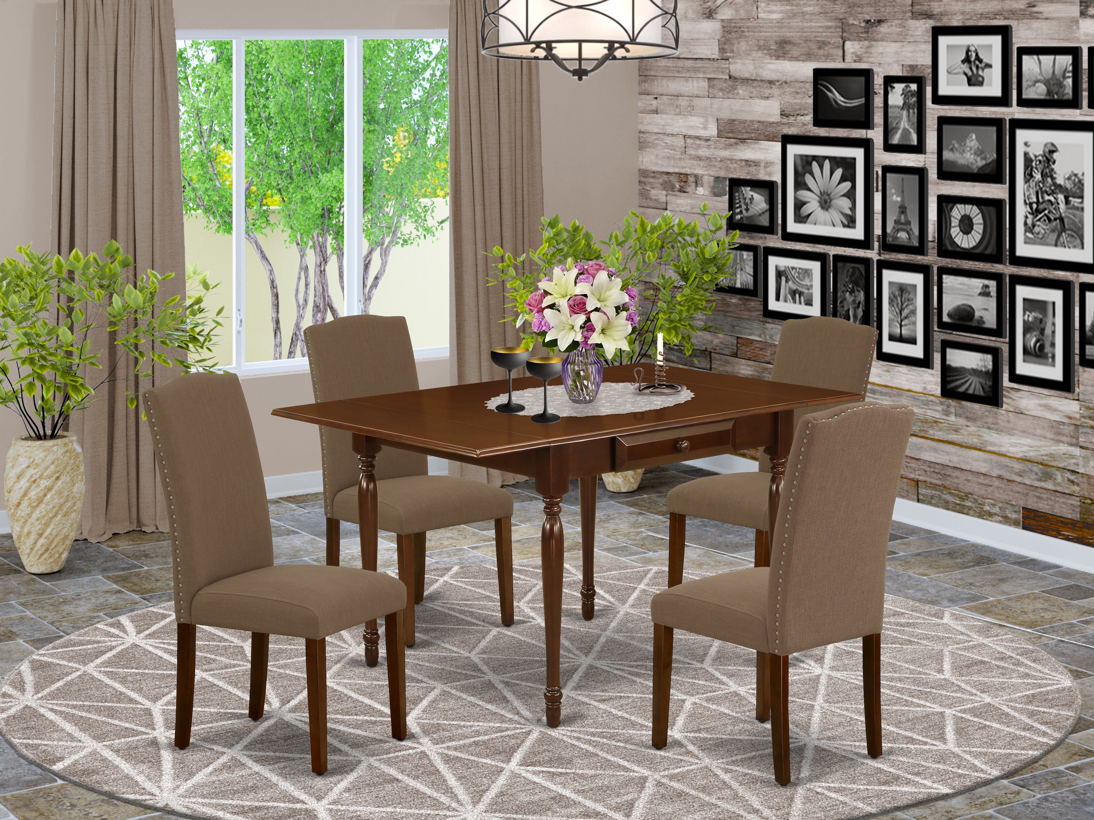East West Furniture MZEN5-MAH-18 5Pc Kitchen and Dining Room Table Set Offers a Rectangular Table and 4 Parsons Chairs with Coffee Color Linen Fabric, Drop Leaf Table with Full Back Chairs, Mahogany Finish