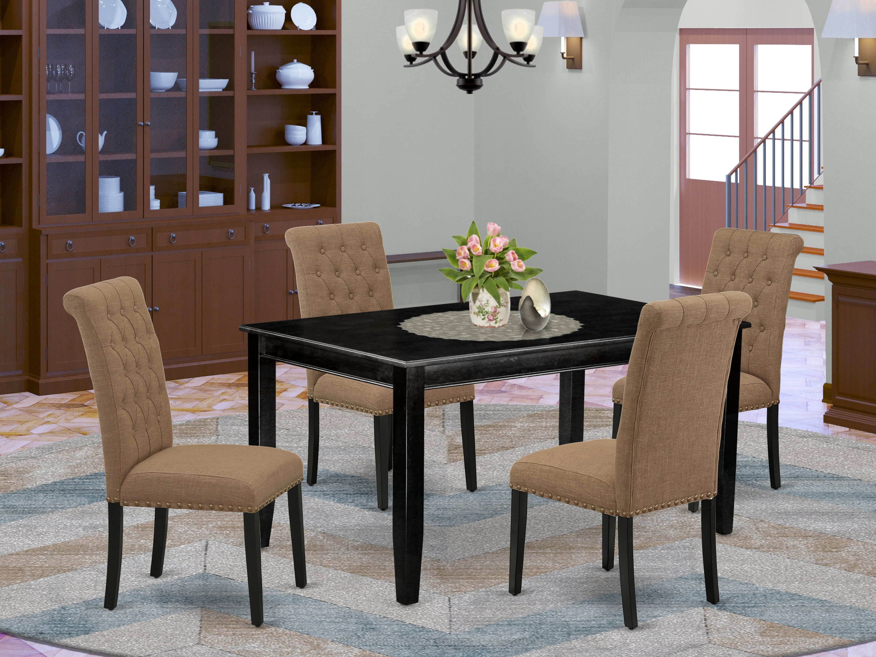 DUBR5-BLK-17 5Pc Dining Set Includes a Rectangle Dining Table and Four Parson Chairs with Light Sable Fabric, Black Finish