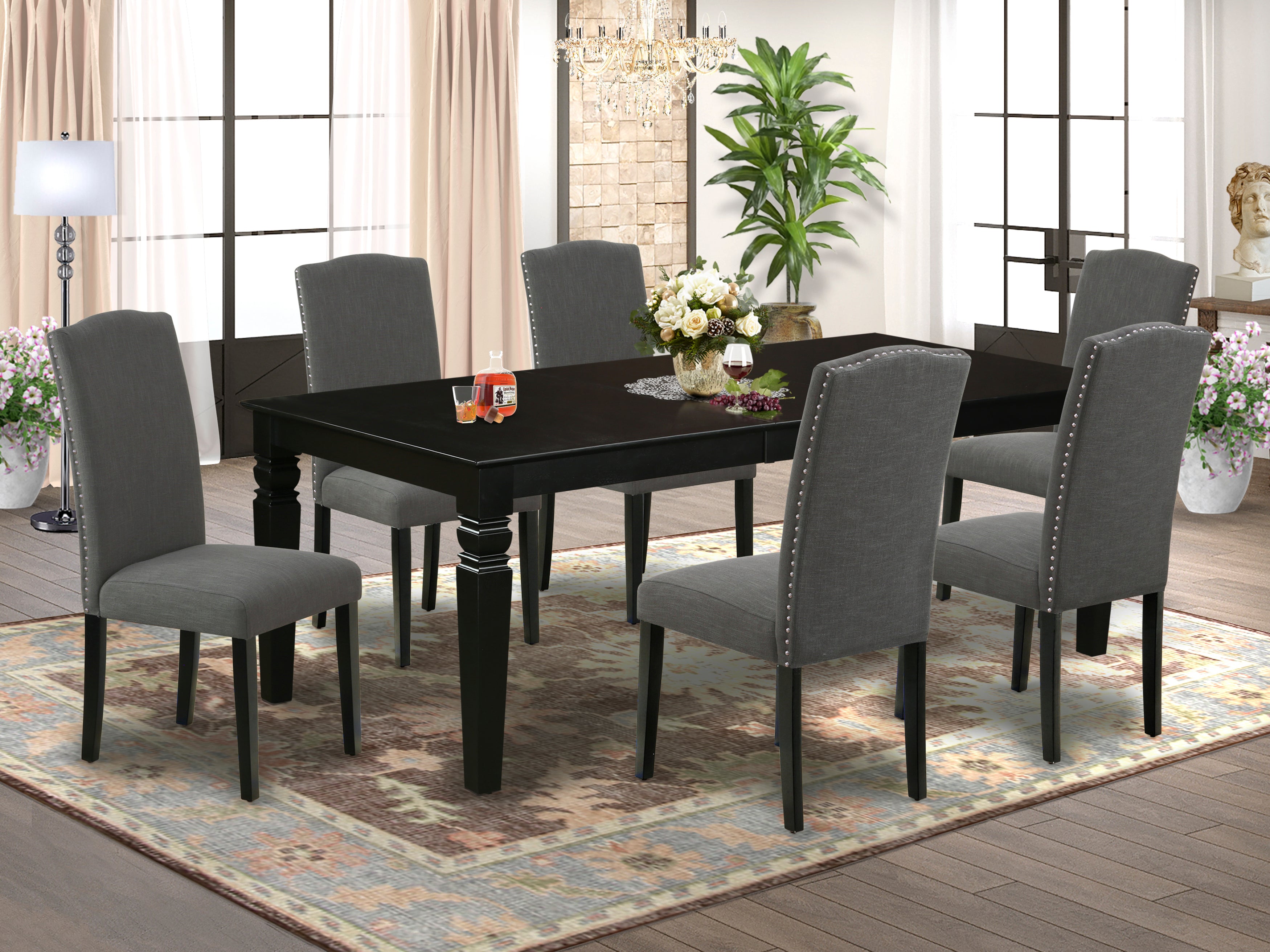 LGEN7-BLK-20 7Pc Rectangle 66/84" Kitchen Table With 18 In Self Storing Butterfly Leaf And Six Parson Chair With Black Leg And Linen Fabric Dark Gotham Grey