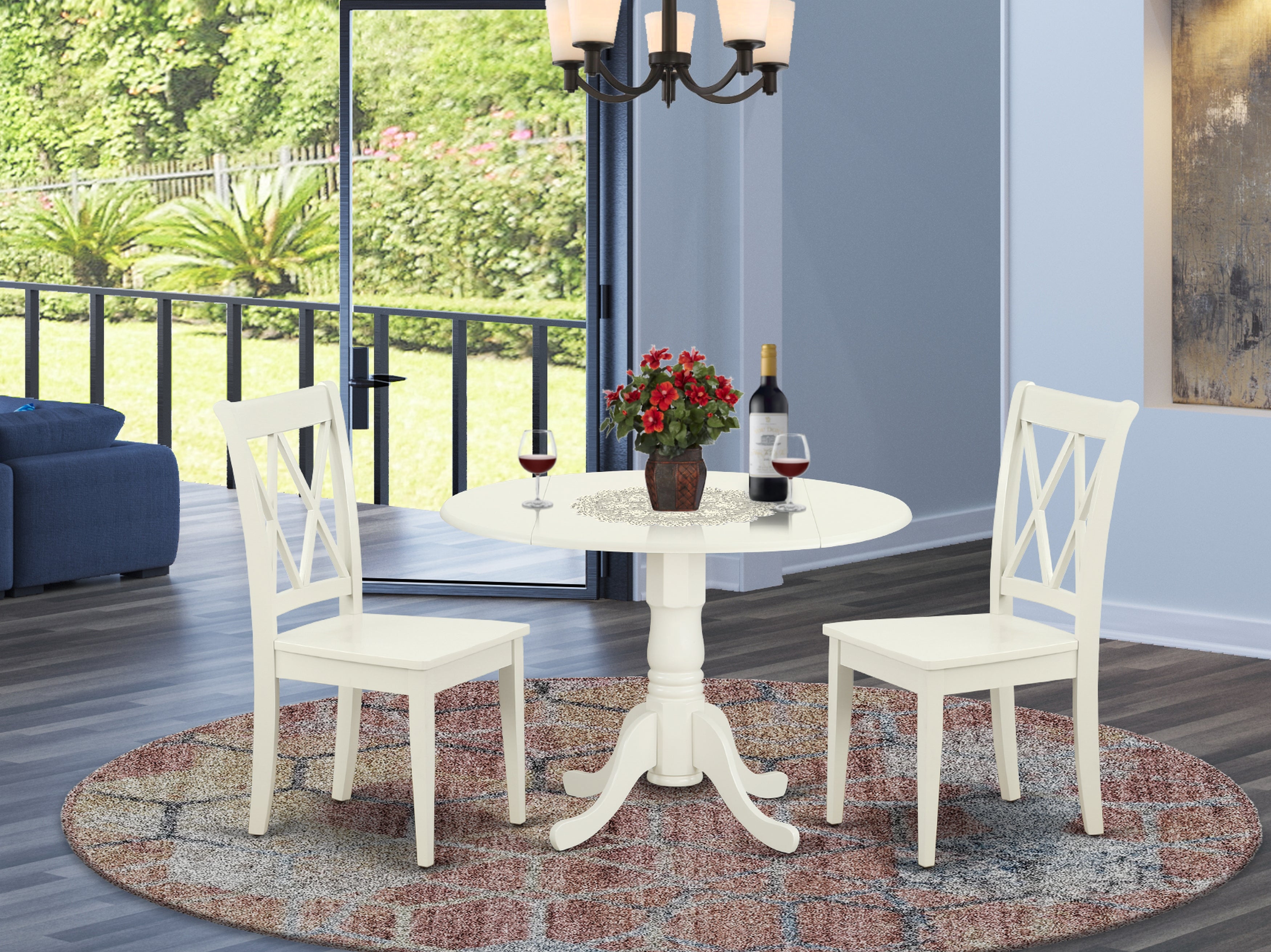 DLCL3-LWH-W 3PC Round 42 inch Table with Two 9-Inch Drop Leaves and 2 Double X back Chairs