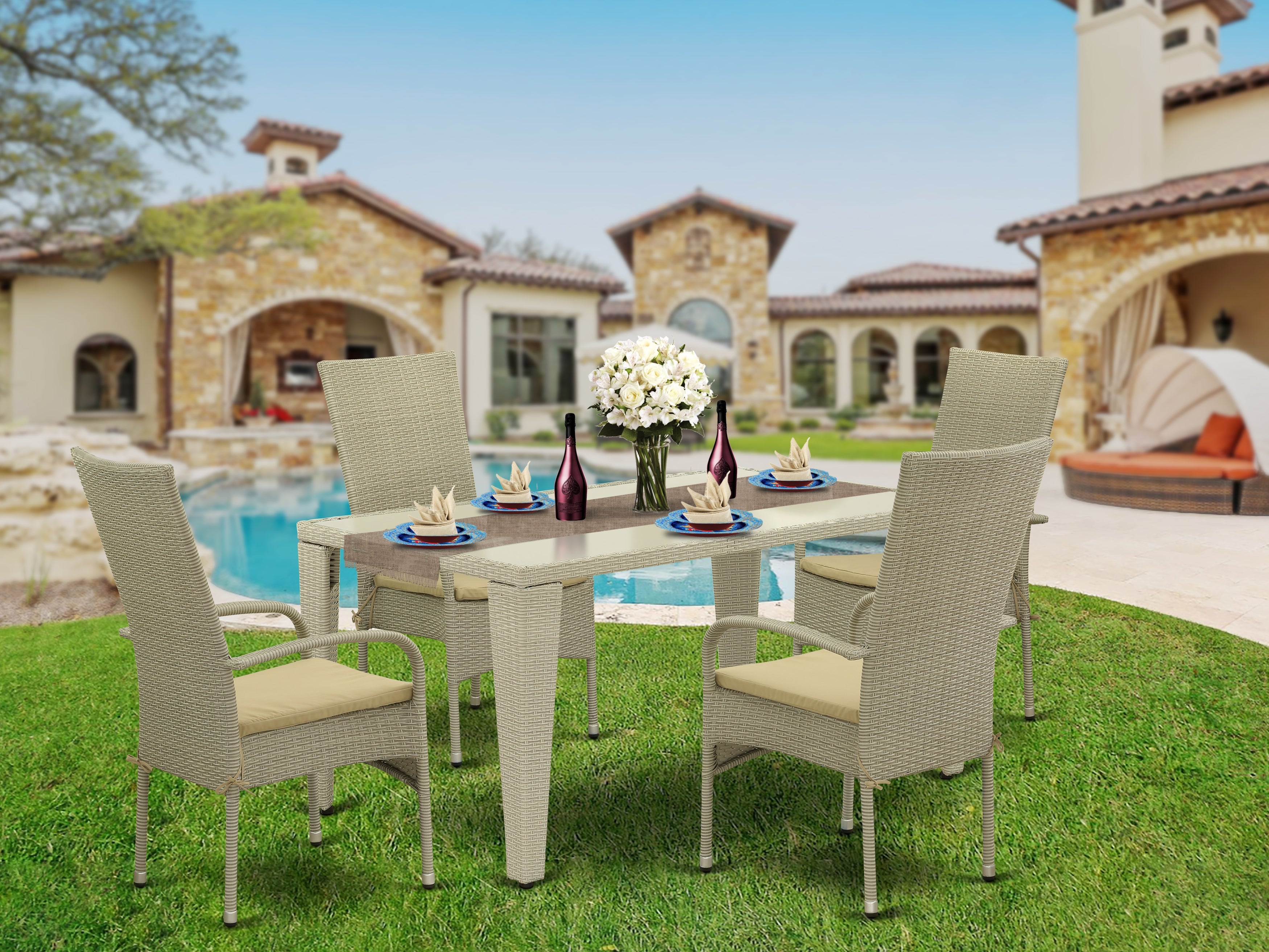 GUOS5-03A 5Pc Outdoor-Furniture Natural Color Wicker Dining Set Includes a Patio Table and 4 Balcony Backyard Armchair with Linen Fabric Cushion