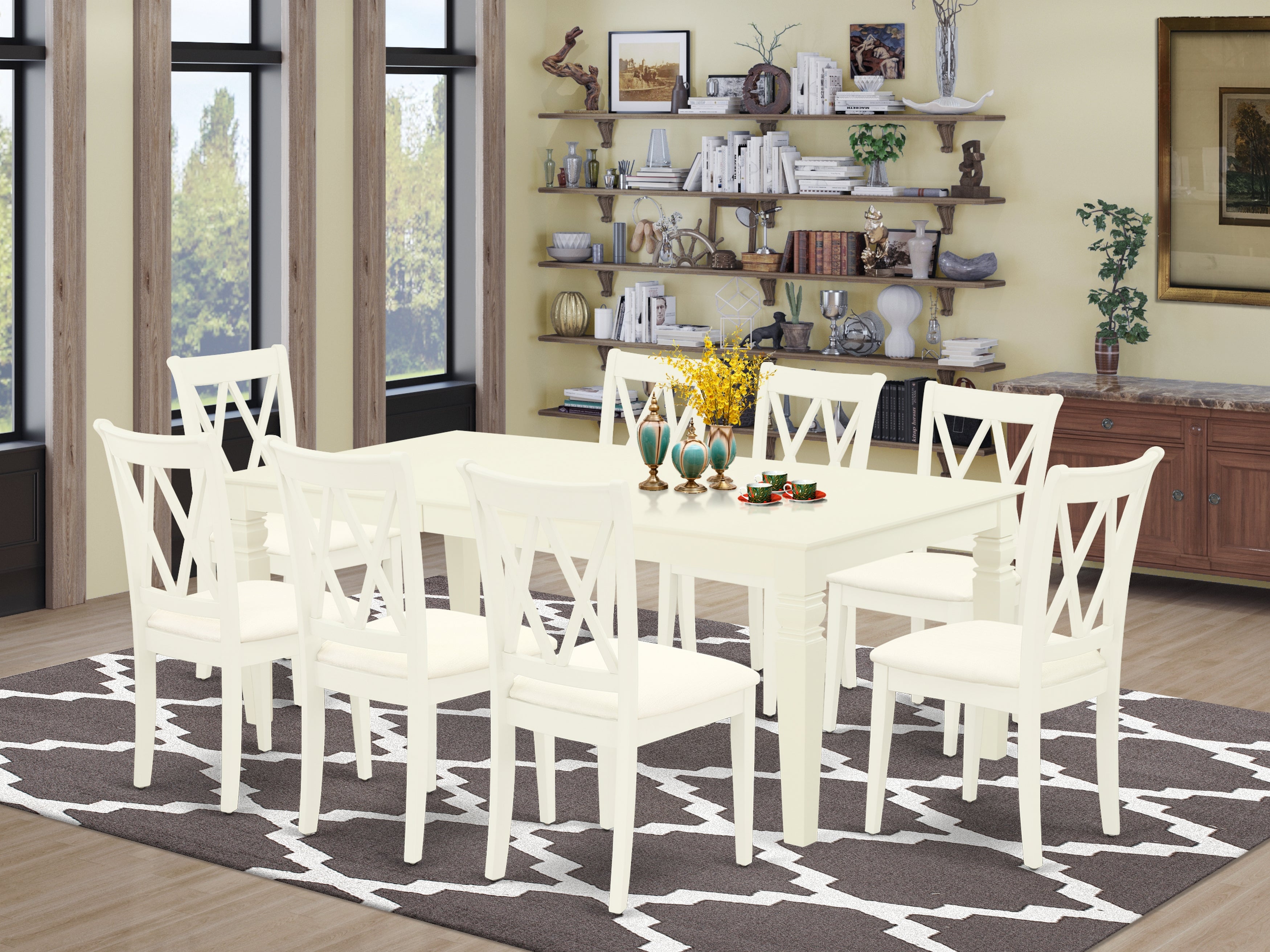 LGCL9-LWH-C 9Pc Dining Set Includes a Rectangle Dining Table with Butterfly Leaf and Eight Double X Back Microfiber Seat Kitchen Chairs, Linen White Finish