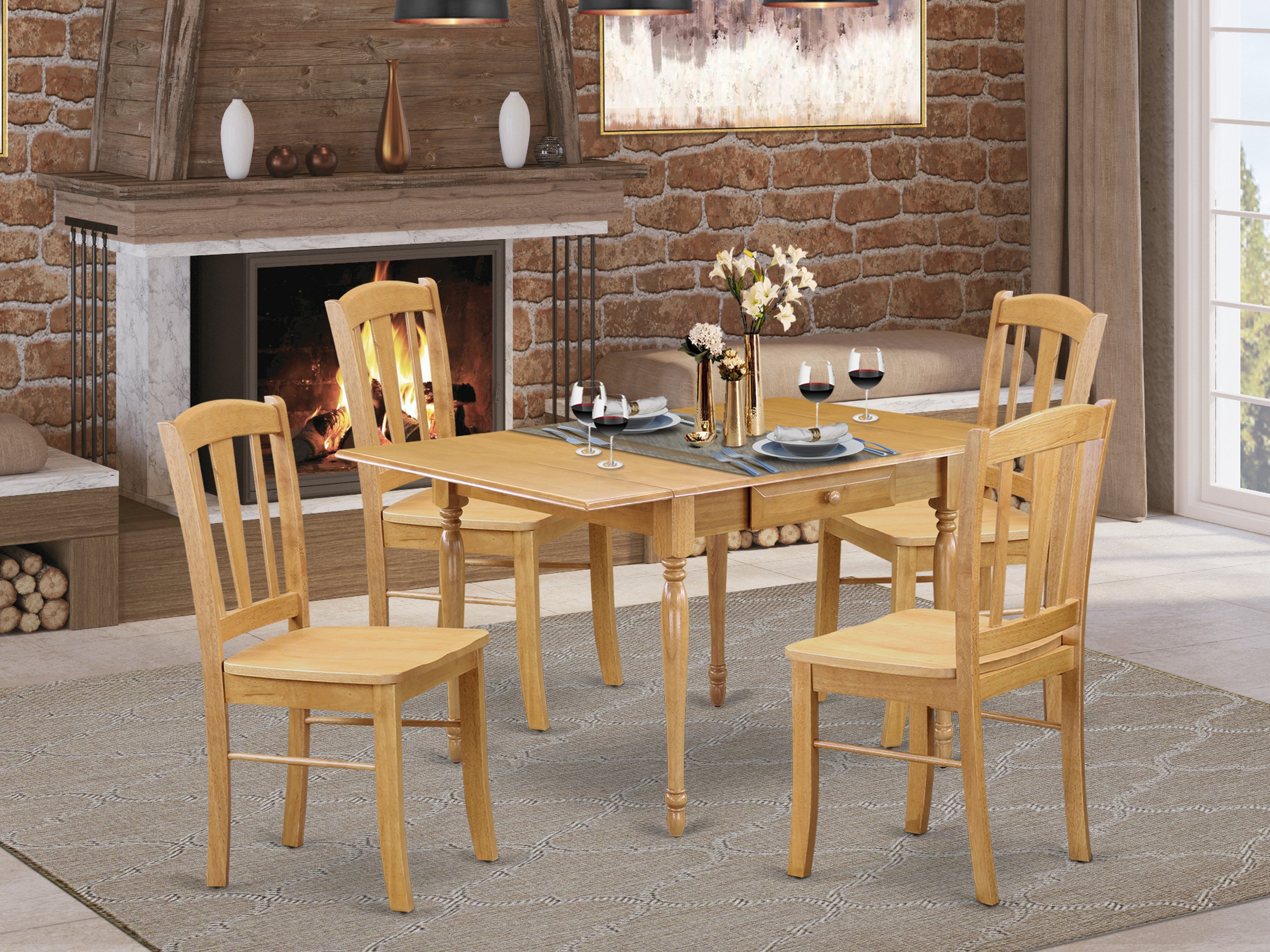 East West Furniture MZDL5-OAK-W 5Pc Dining Room Table Set Includes a Small Table and 4 Wood Dining Chairs with Wooden Seat, Drop Leaf Table with Panel Back Chairs, Oak Finish