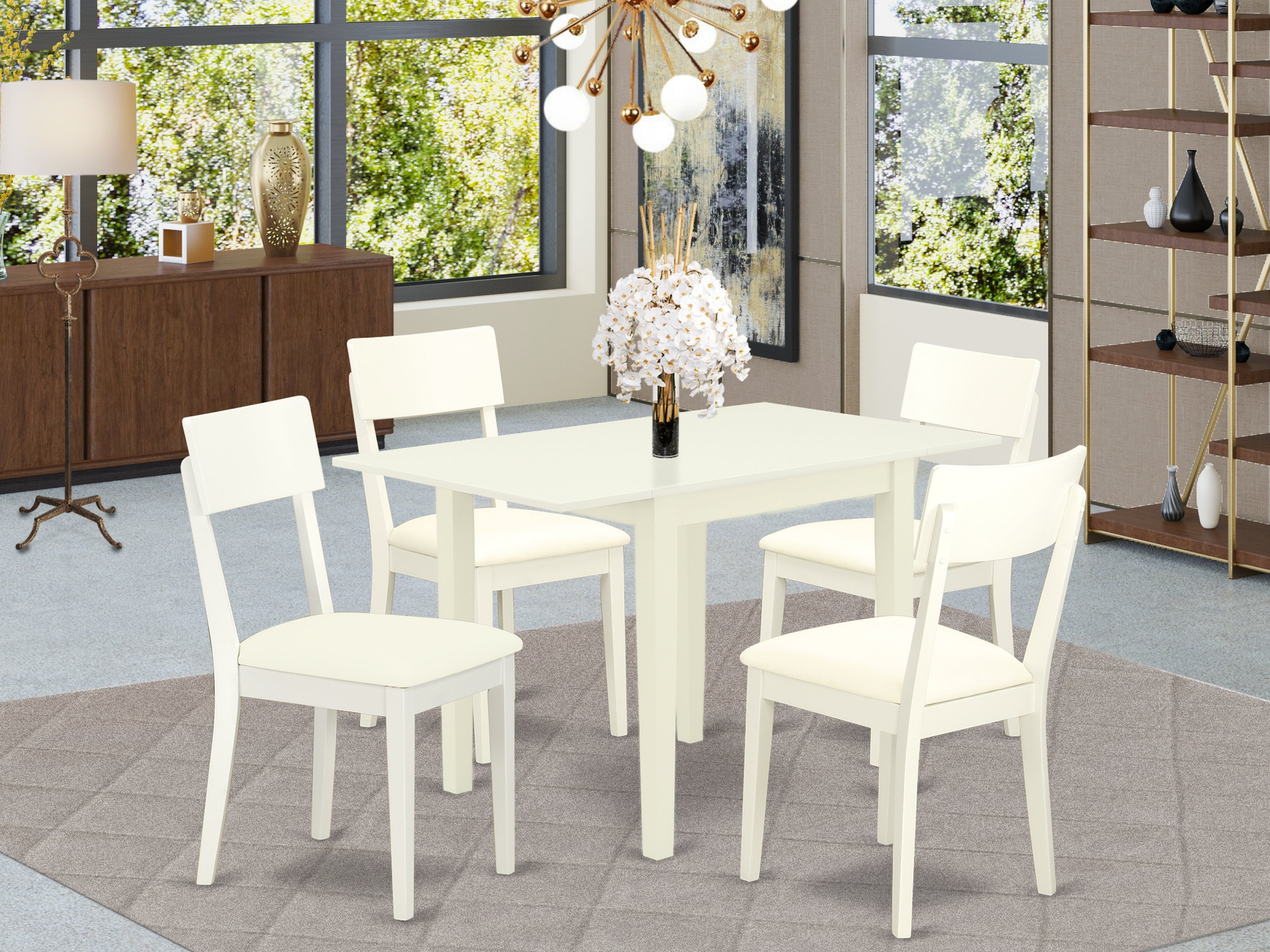 East West Furniture NDAD5-LWH-LC Modern Dining Table Set 5 Pc - 4 Dining Room Chairs and a Wooden Table - Linen White Finish Hardwood - Linen White Color Faux Leather