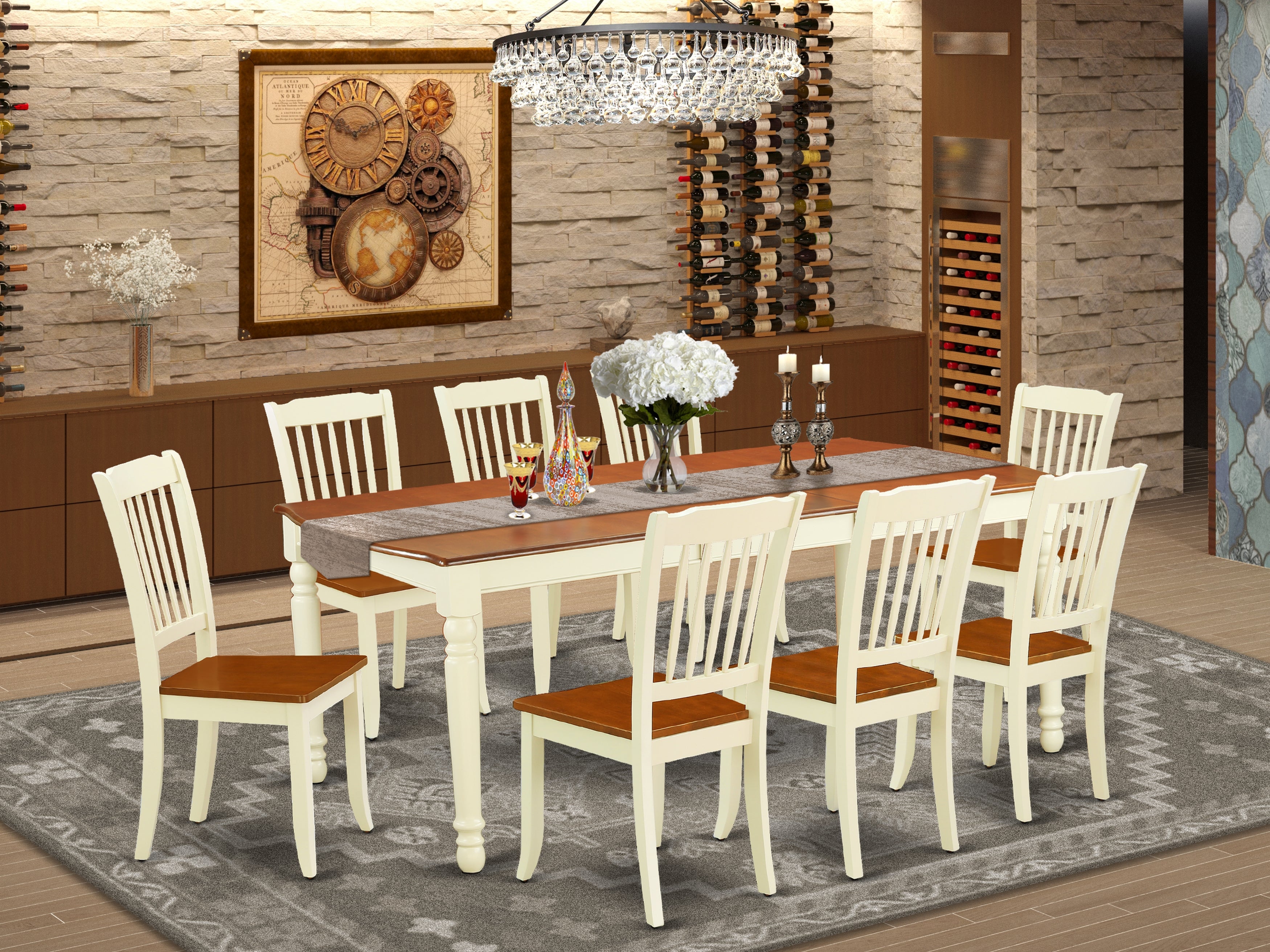 DODA9-BMK-W 9PC Rectangular 60/78 inch Table with 18 In Leaf and 8 vertical slatted Chairs