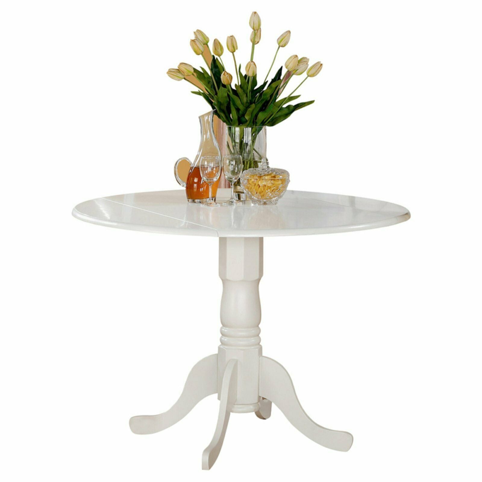 Dublin Drop-leaf 42" Round Pedestal Kitchen Dining Table Off White DLT-WHI-TP