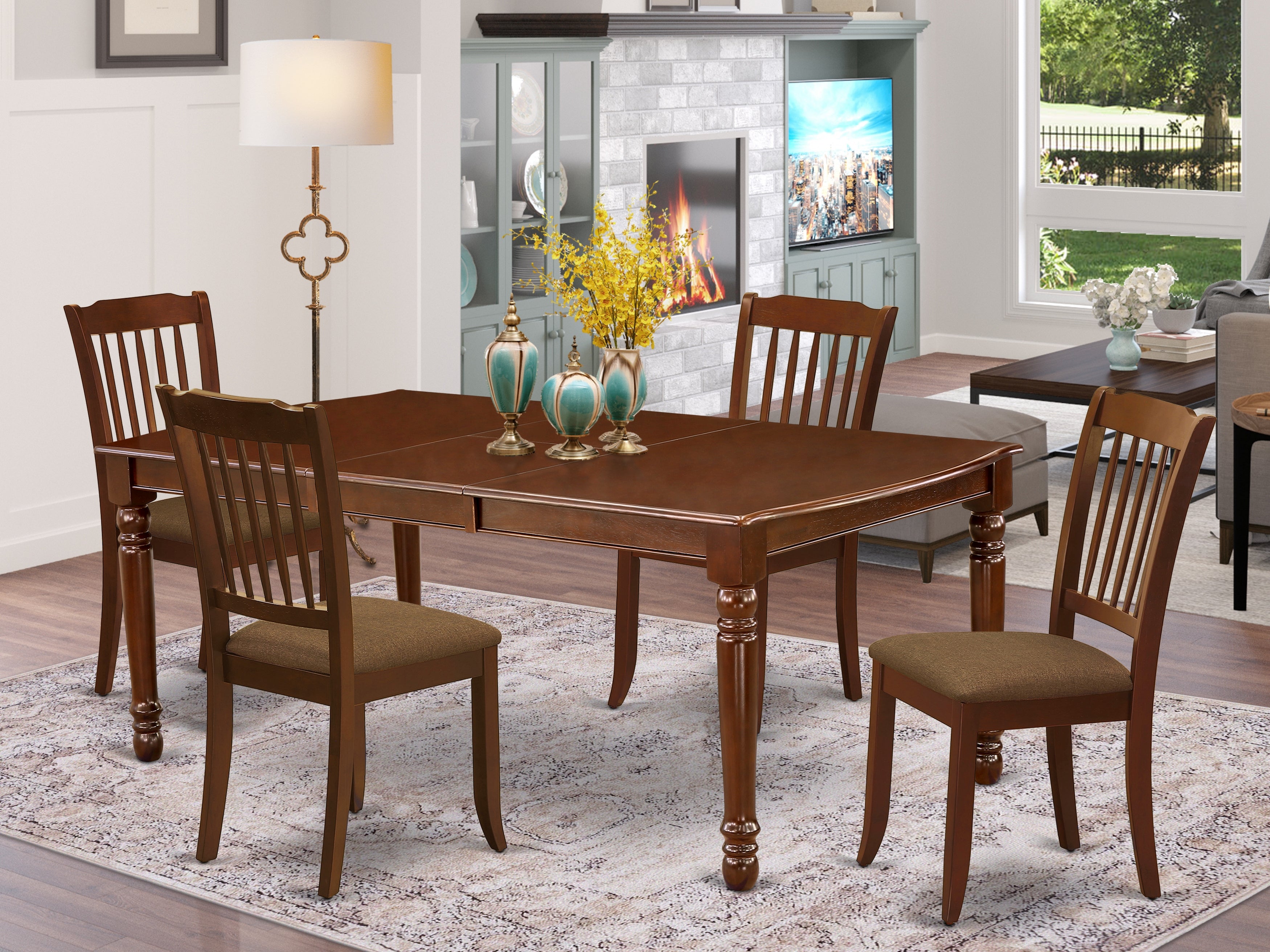DODA5-MAH-C 5Pc Dining Set Includes a Rectangle Dinette Table with Butterfly Leaf and Four Vertical Slatted Microfiber Seat Kitchen Chairs, Mahogany Finish