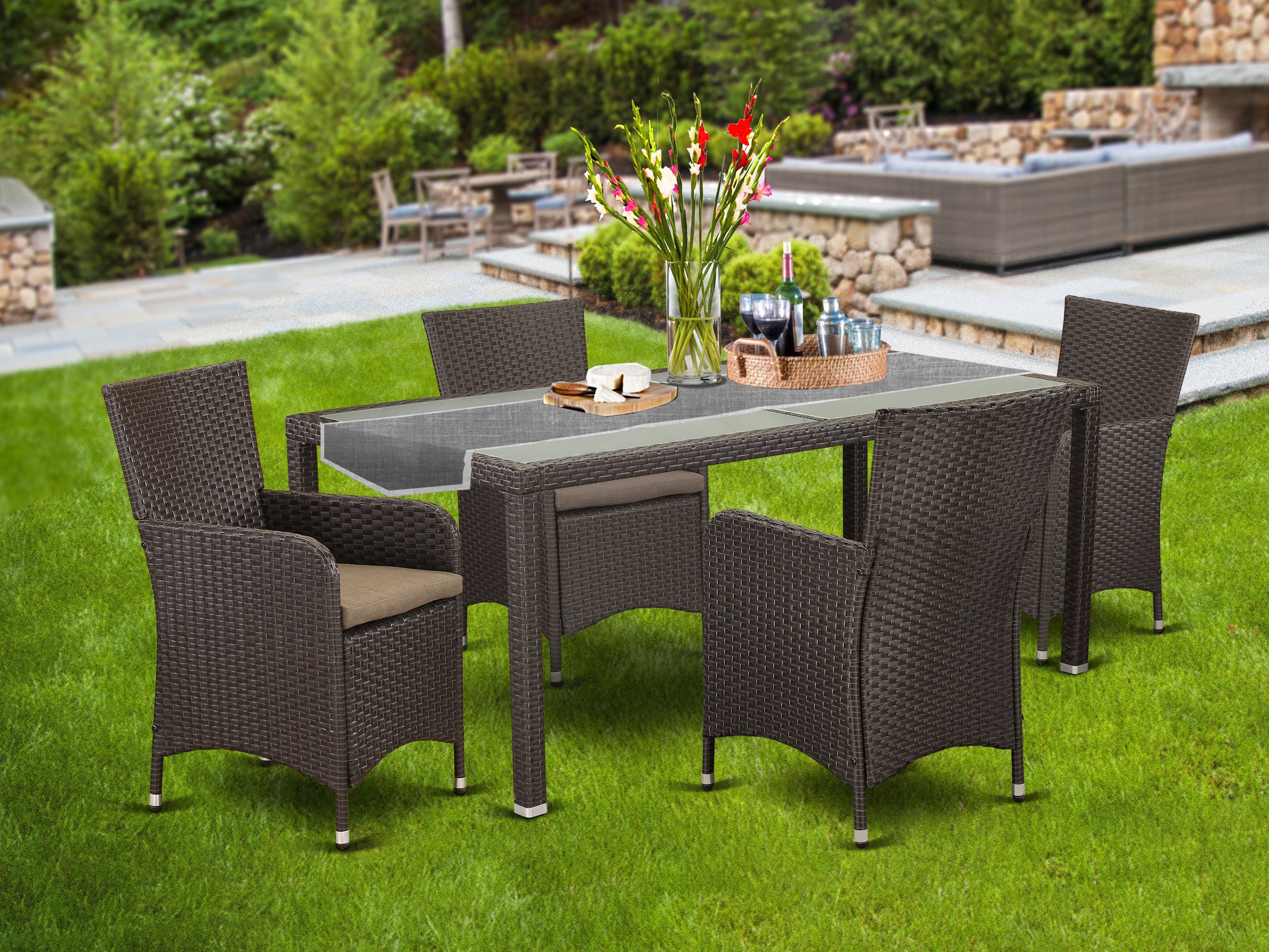 LULU5-63S 5 pc Outdoor-Furniture Wicker Dining Set for 4 in Dark Brown Finish