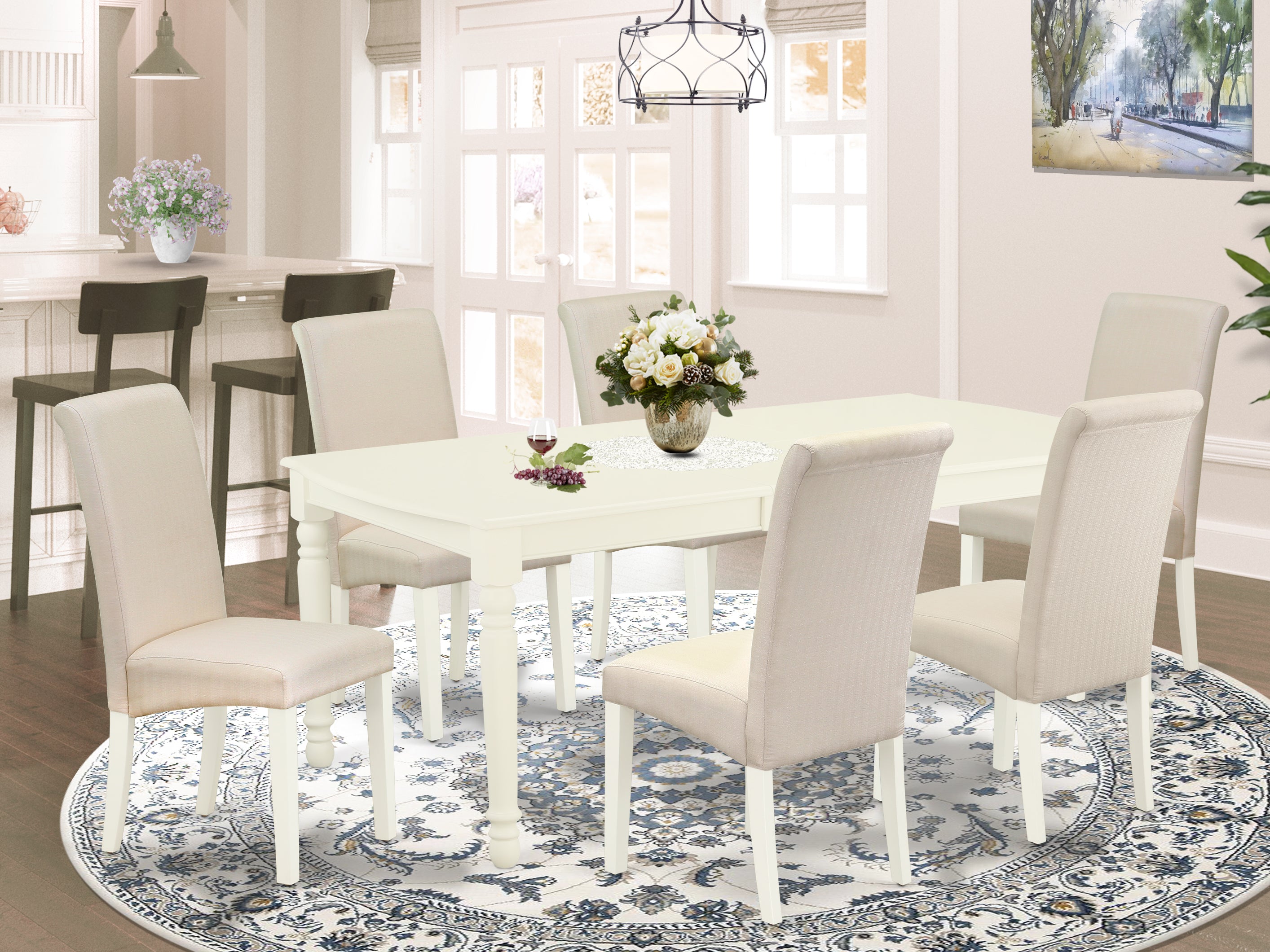 DOBA7-LWH-01 7Pc Dinette Set Includes a Rectangular Kitchen Table with Butterfly Leaf and Six Parson Chairs with Cream Fabric, Linen White Finish