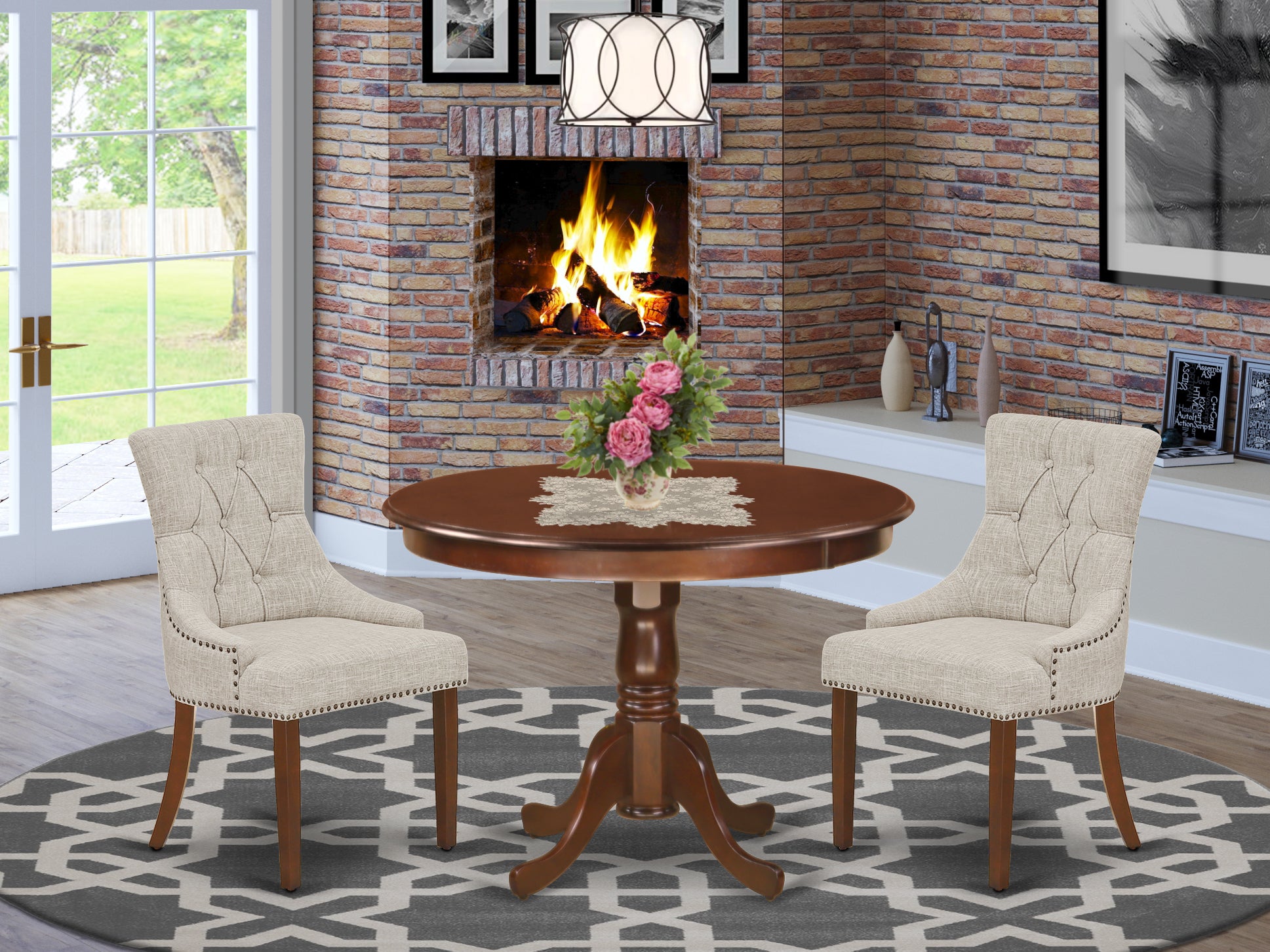 HLFR3-MAH-05 3Pc Dinette Set Includes a Rounded Kitchen Table and Two Parson Chairs with Doeskin Fabric, Mahogany Finish