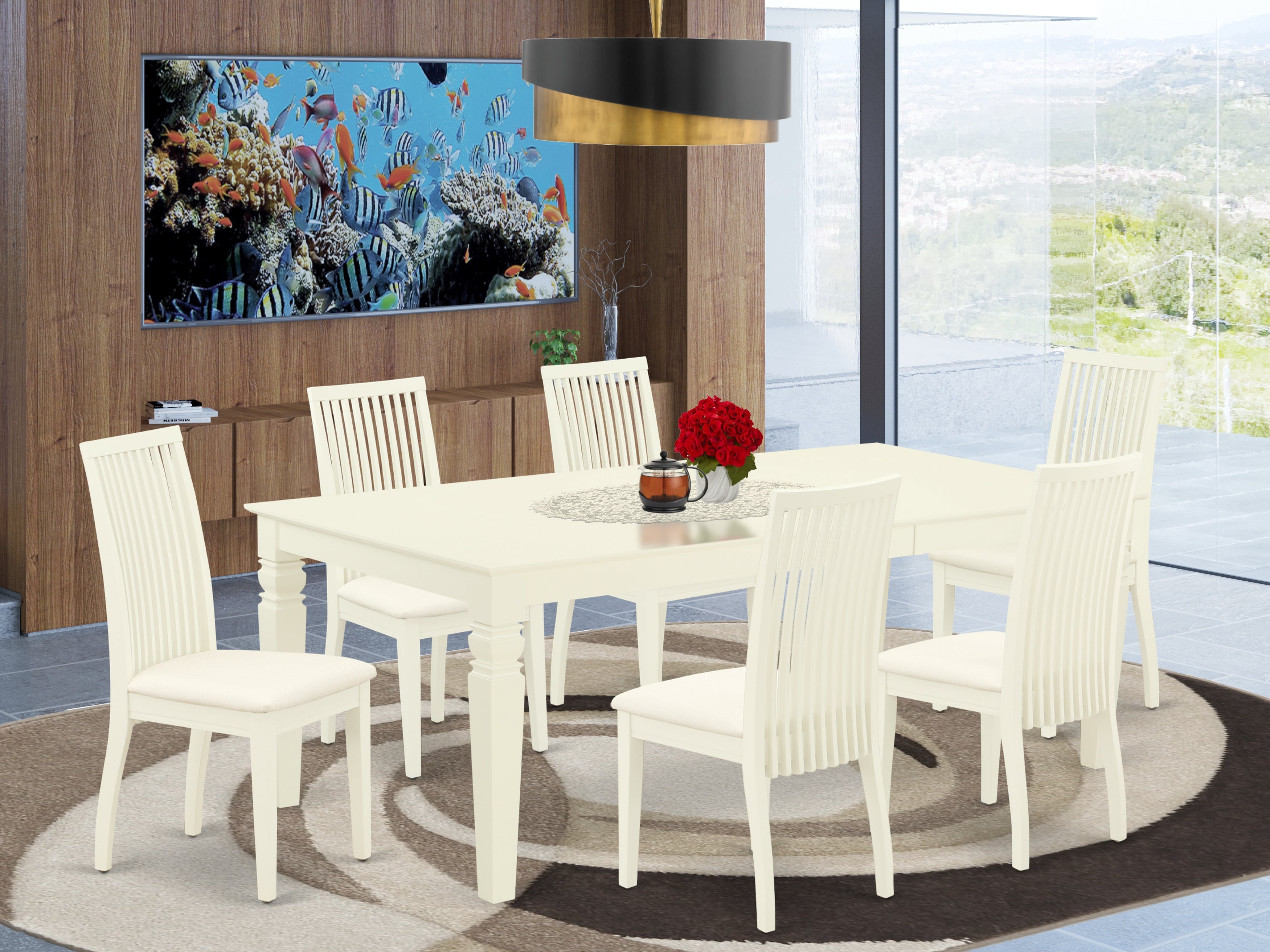 LGIP7-LWH-C 7Pc Dinette Set Includes a Rectangular Kitchen Table with Butterfly Leaf and Six Microfiber Seat Dining Chairs, Linen White Finish