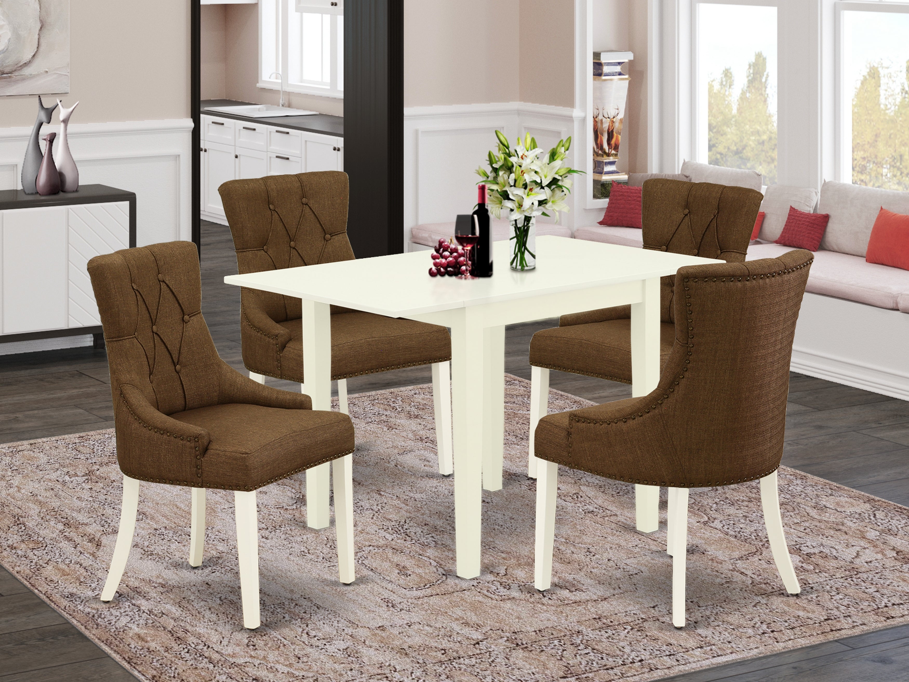 East West Furniture NDFR5-LWH-18 Modern Dining Table Set 5 Pcs - Four Dining Room Chairs and Dinner Table - Linen White Finish Wood - Dark Coffee Color Linen Fabric