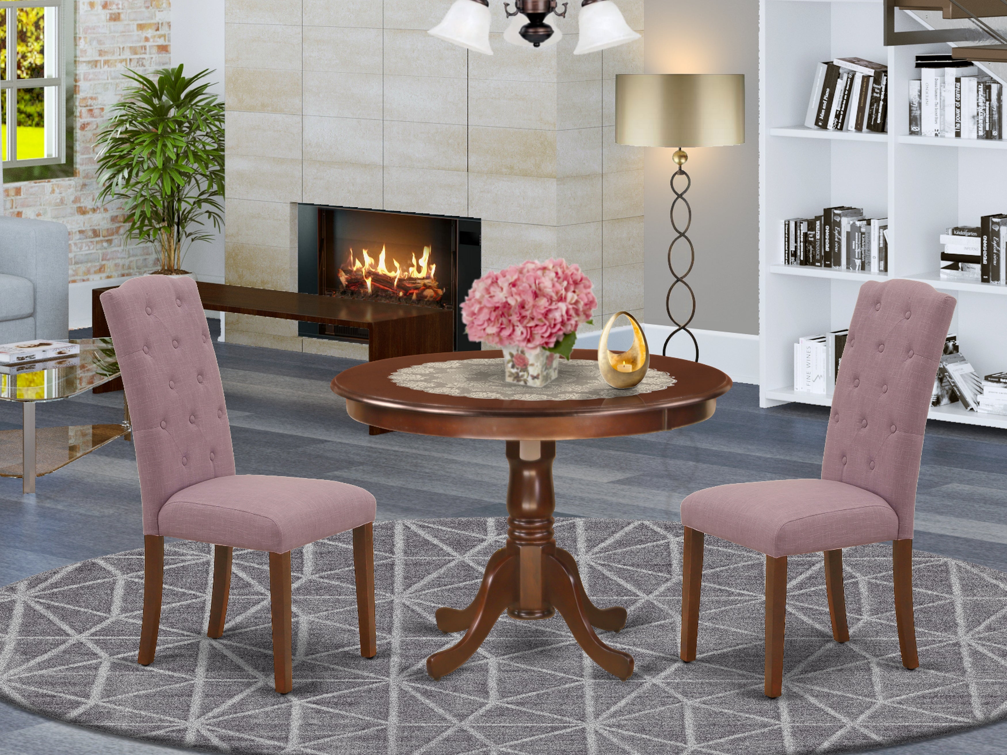 HLCE3-MAH-10 3Pc Dinette Set Includes a Rounded Kitchen Table and Two Parson Chairs with Dahlia Fabric, Mahogany Finish