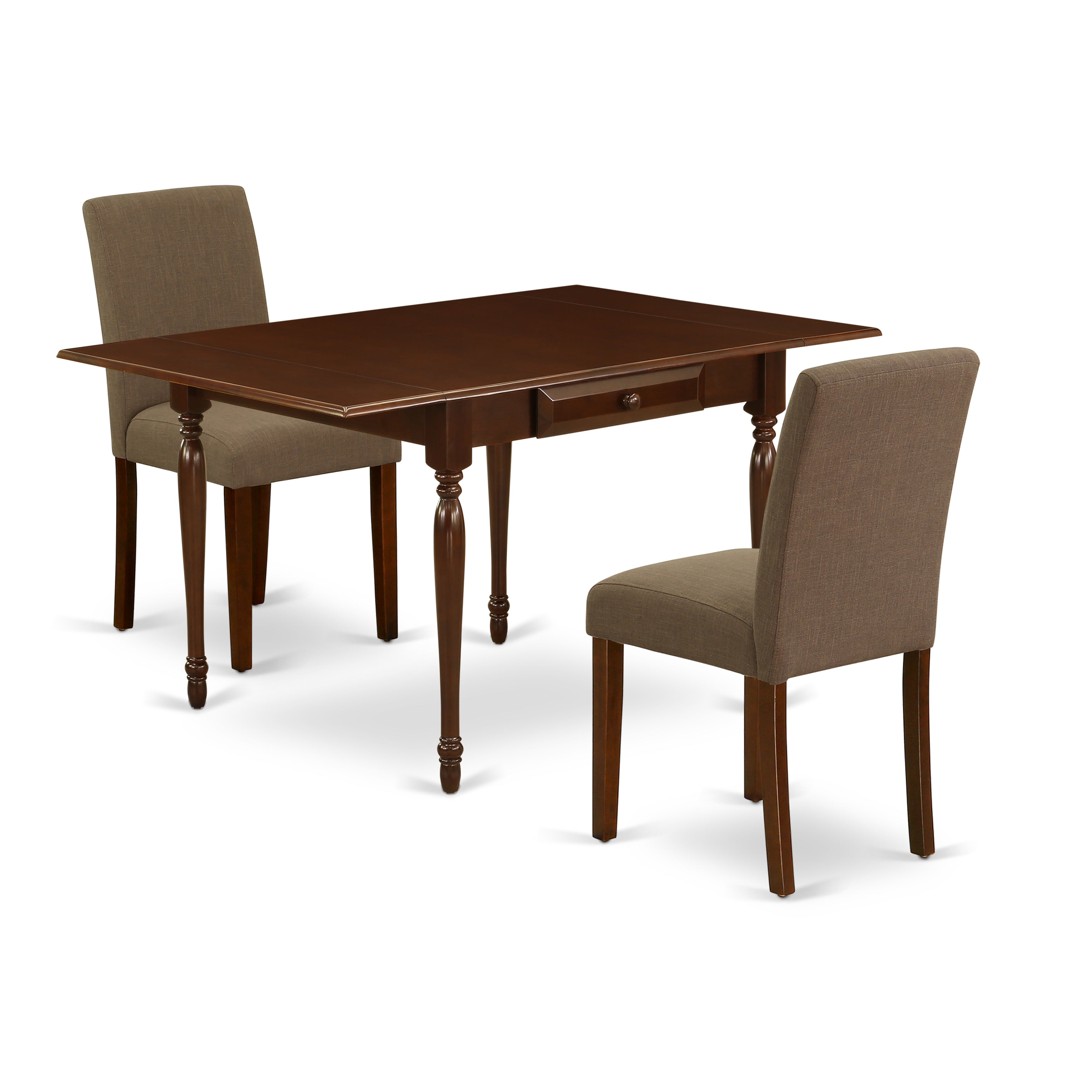 East West Furniture MZAB3-MAH-18 3Pc Dining Table Set Includes a Dining Table and 2 Parson Chairs with Coffee Color Linen Fabric, Drop Leaf Table with Full Back Chairs, Mahogany Finish