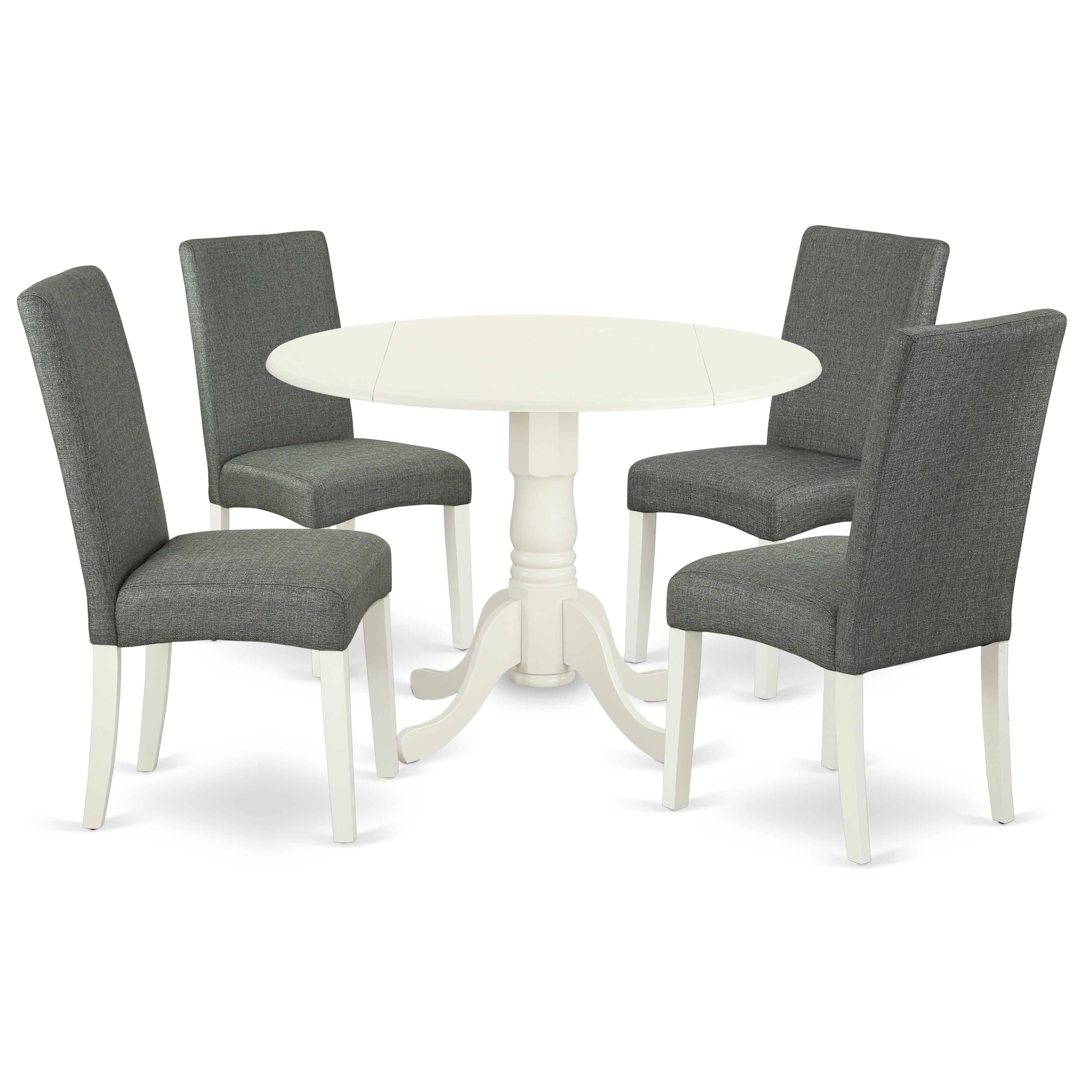 DLDR5-LWH-07 5Pc Round 42" Kitchen Table With Two 9-Inch Drop Leaves And Four Parson Chair With Linen White Finish Leg And Linen Fabric- Gray Color