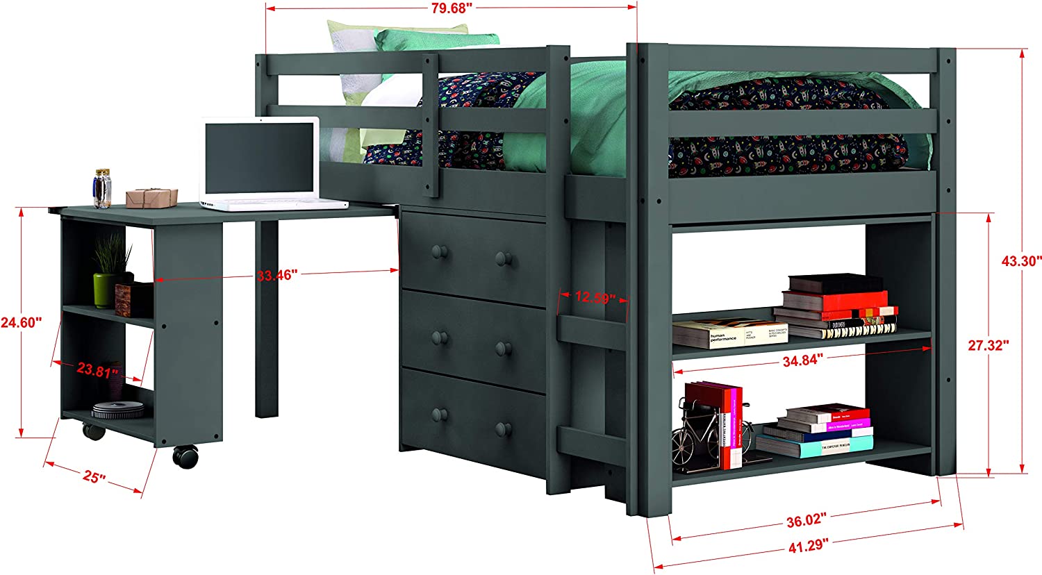 DONCO kids Low Loft Bed with Desk, Twin, Dark Grey