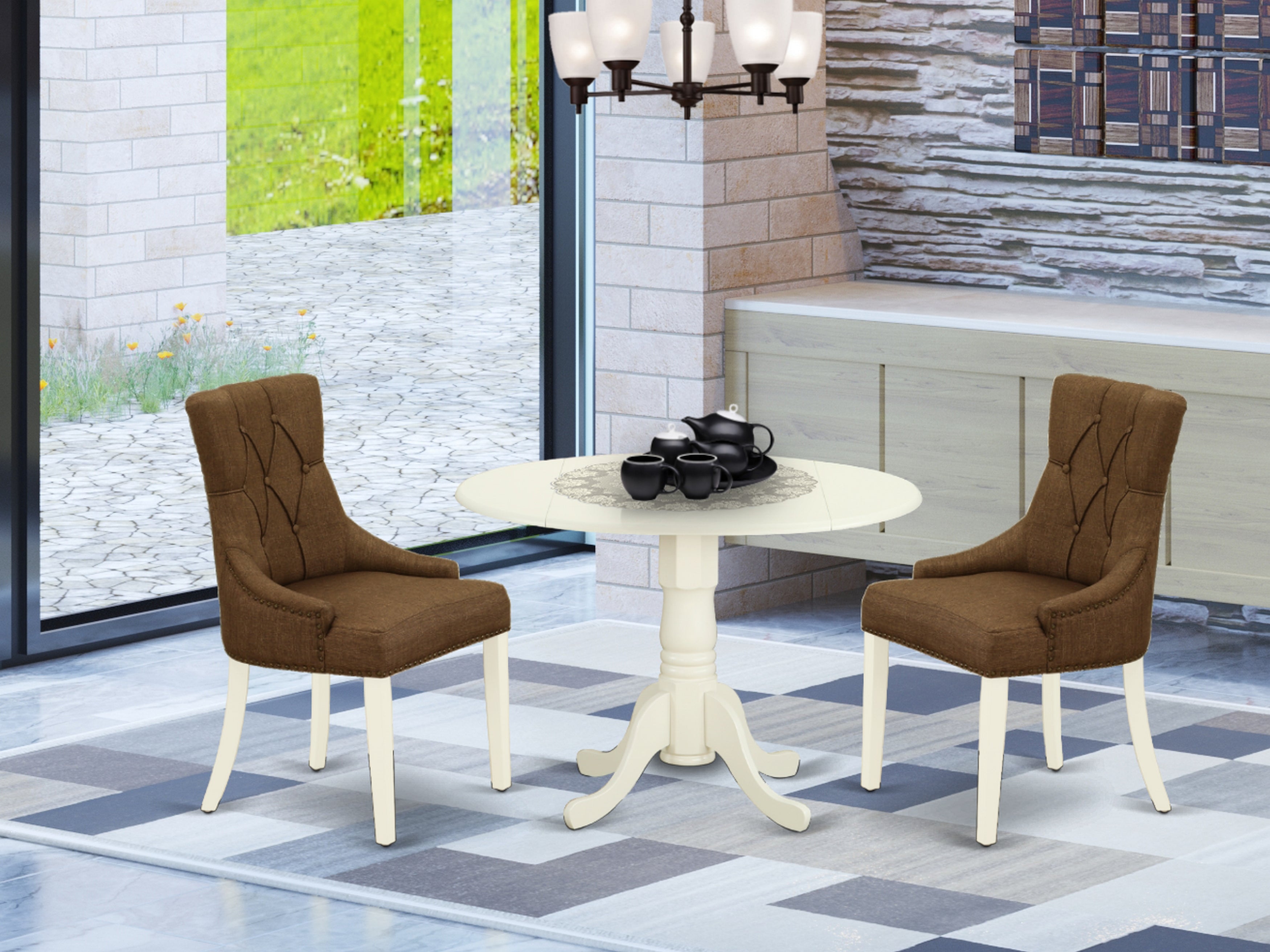 DLFR3-WHI-18 3Pc Dinette Set Includes a Small Rounded Kitchen Table with Drop Leaves and Two Parson Chairs with Dark Coffee Fabric, White Finish