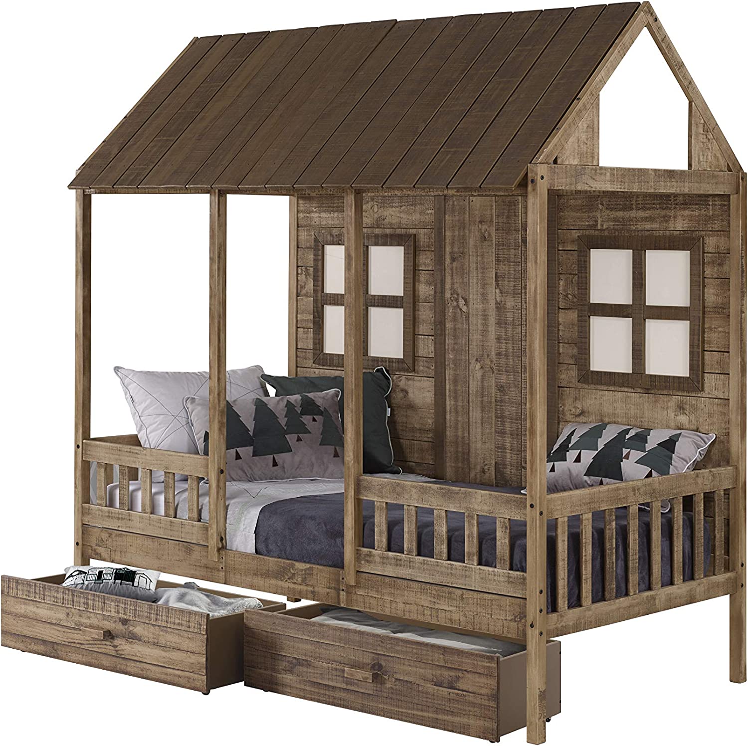 DONCO KIDS Twin Front Porch Low w/Dual Under-Bed Drawers, Rustic Driftwood Loft