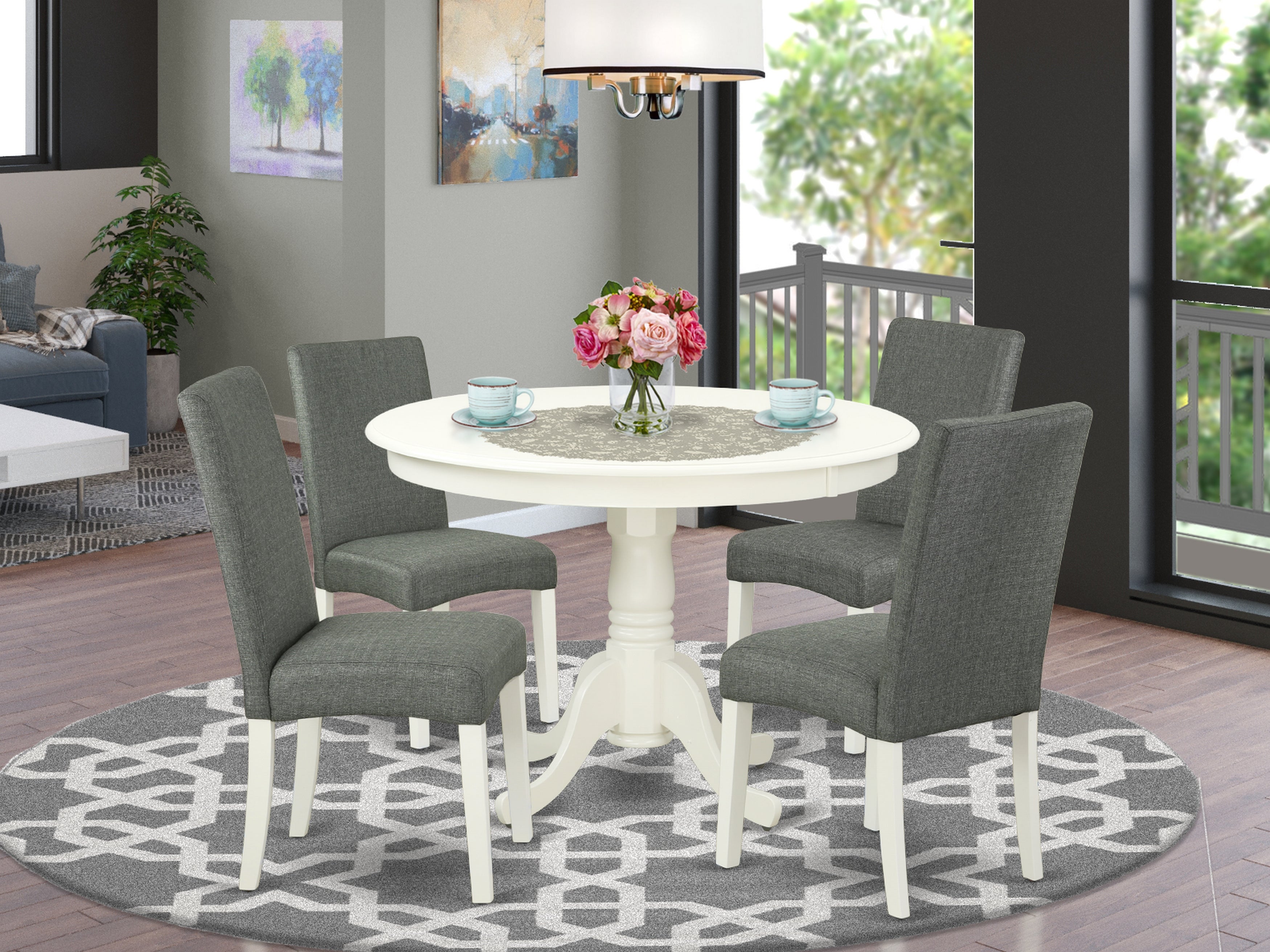 HLDR5-LWH-07 5Pc Round 42 Inch Dinette Table And Four Parson Chair With Linen White Finish Leg And Linen Fabric- Gray Color
