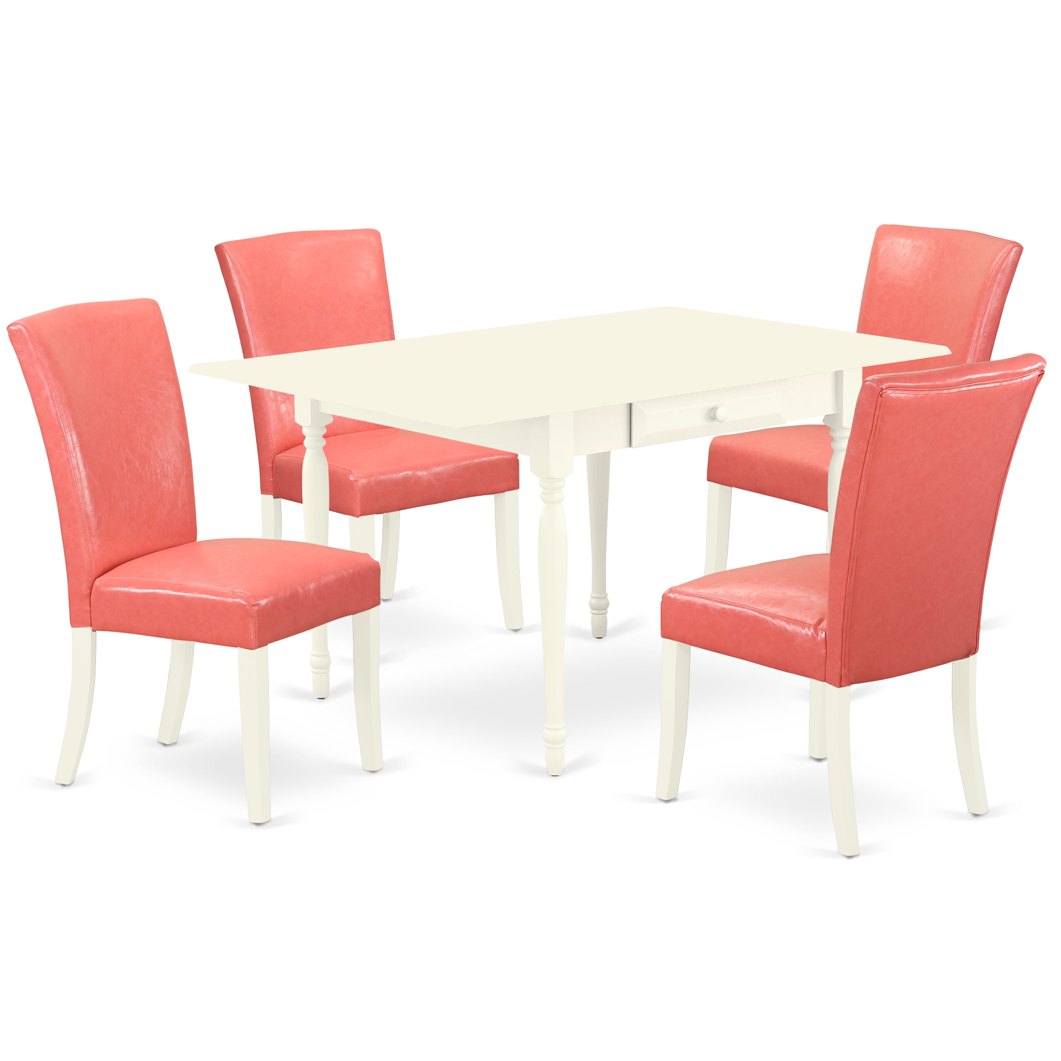 East West Furniture MZAL5-LWH-78 5Pc Dining Set for 4 Contains a Wood Dining Table and 4 Parson Chairs with Pink Flamingo Color PU Leather, Drop Leaf Table with Full Back Chairs, Linen White Finish