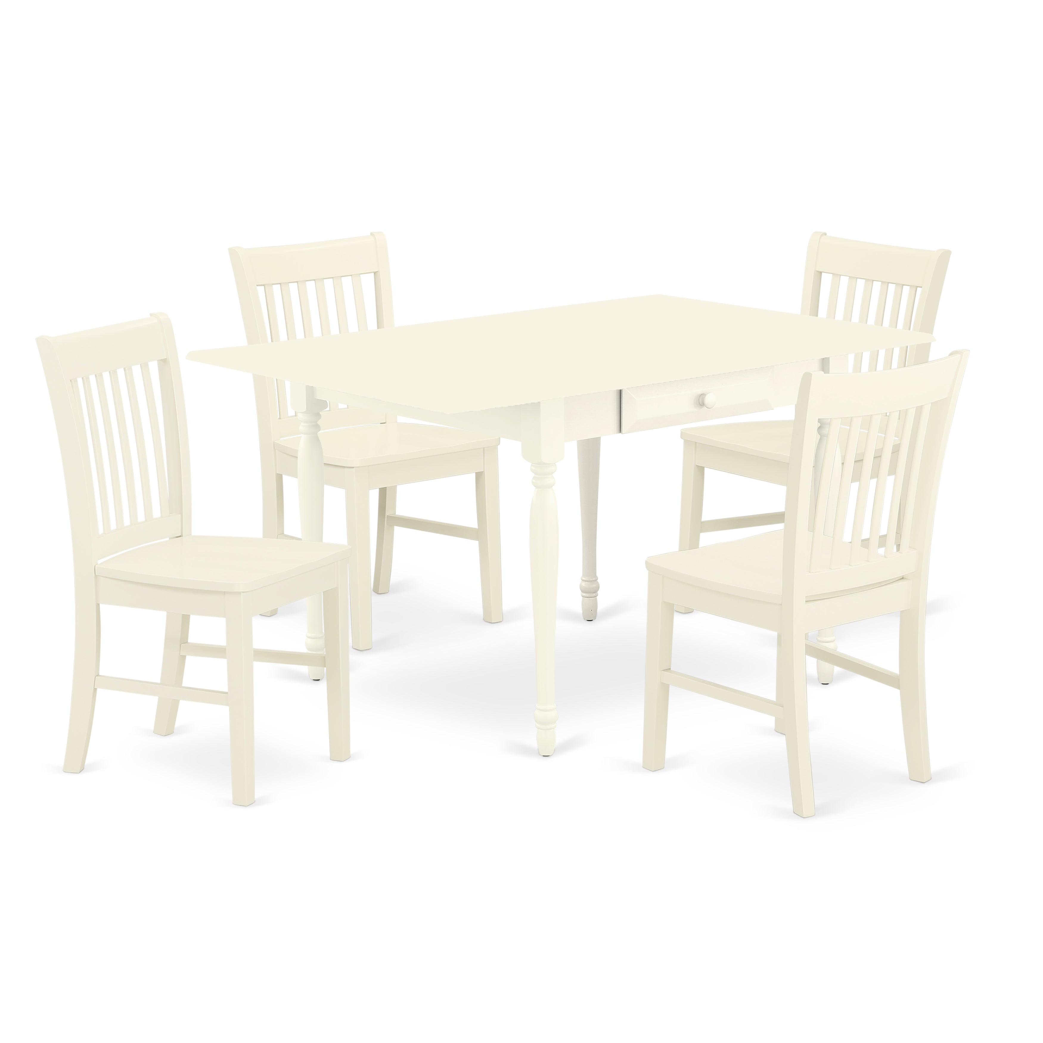 East West Furniture MZNO5-LWH-W 5 Pieces Wood Dining Table set - Strong Drop Leaf Real Wood Dining Table and 4 Hardwood Seat Dining Room Chairs, Linen White Finish