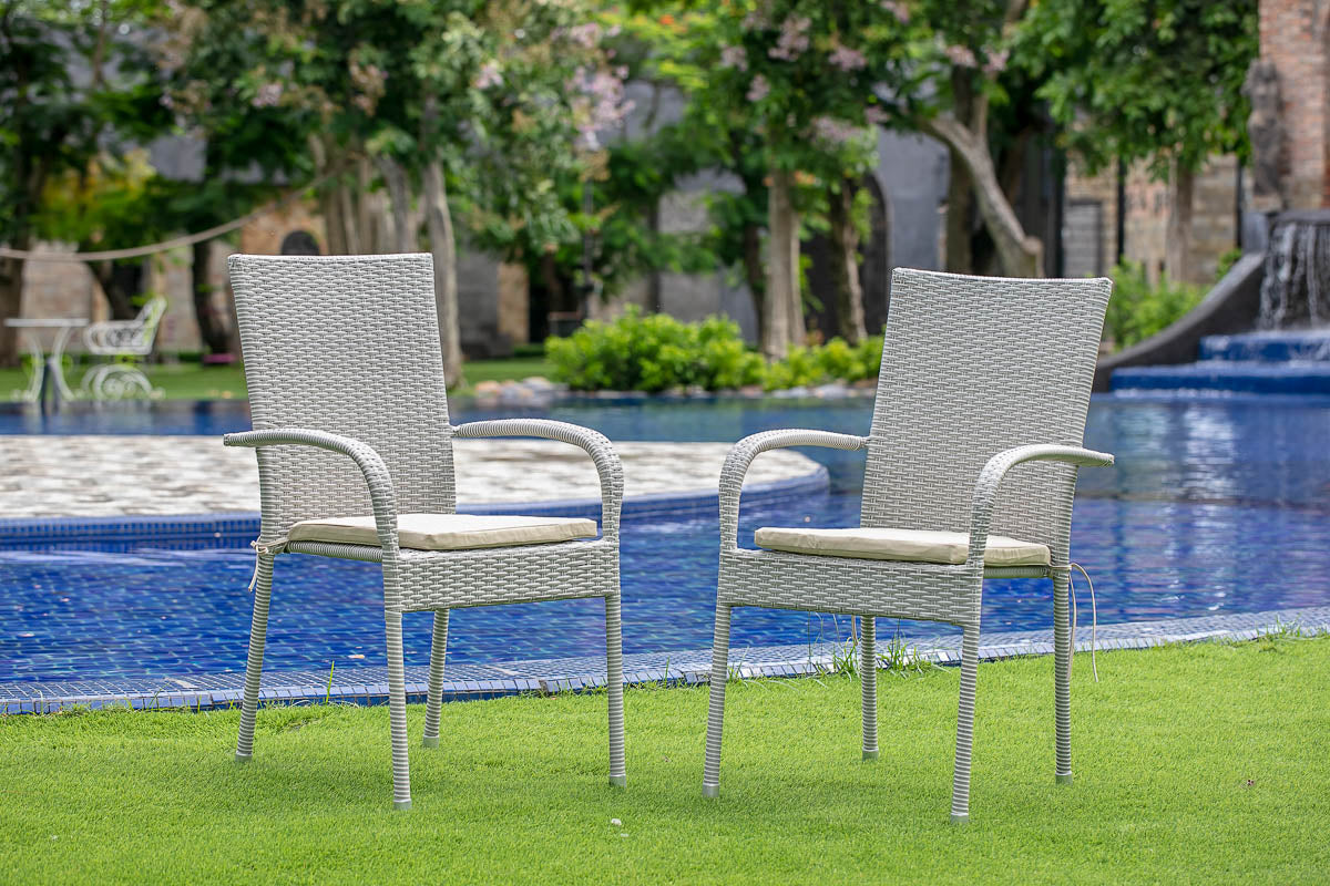 GULC103A GUDHJEM PATIO CHAIR WITH CUSHION, NATURAL LINEN WICKER, AND BEIGE CUSHION