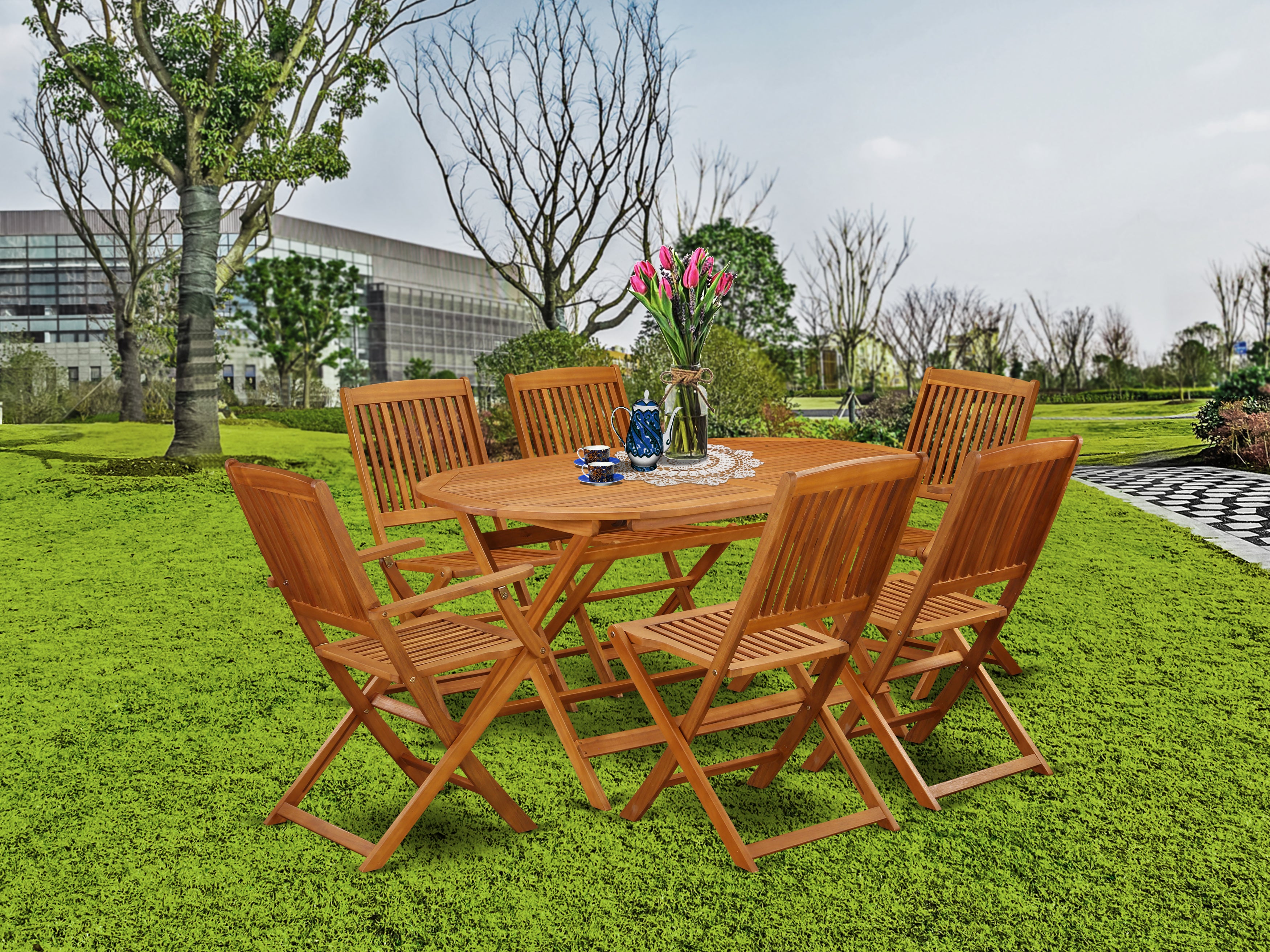 DICM72CANA This 7 Piece Acacia Hardwood Courtyard Sets includes one Outdoor-Furniture table and Six foldable chairs