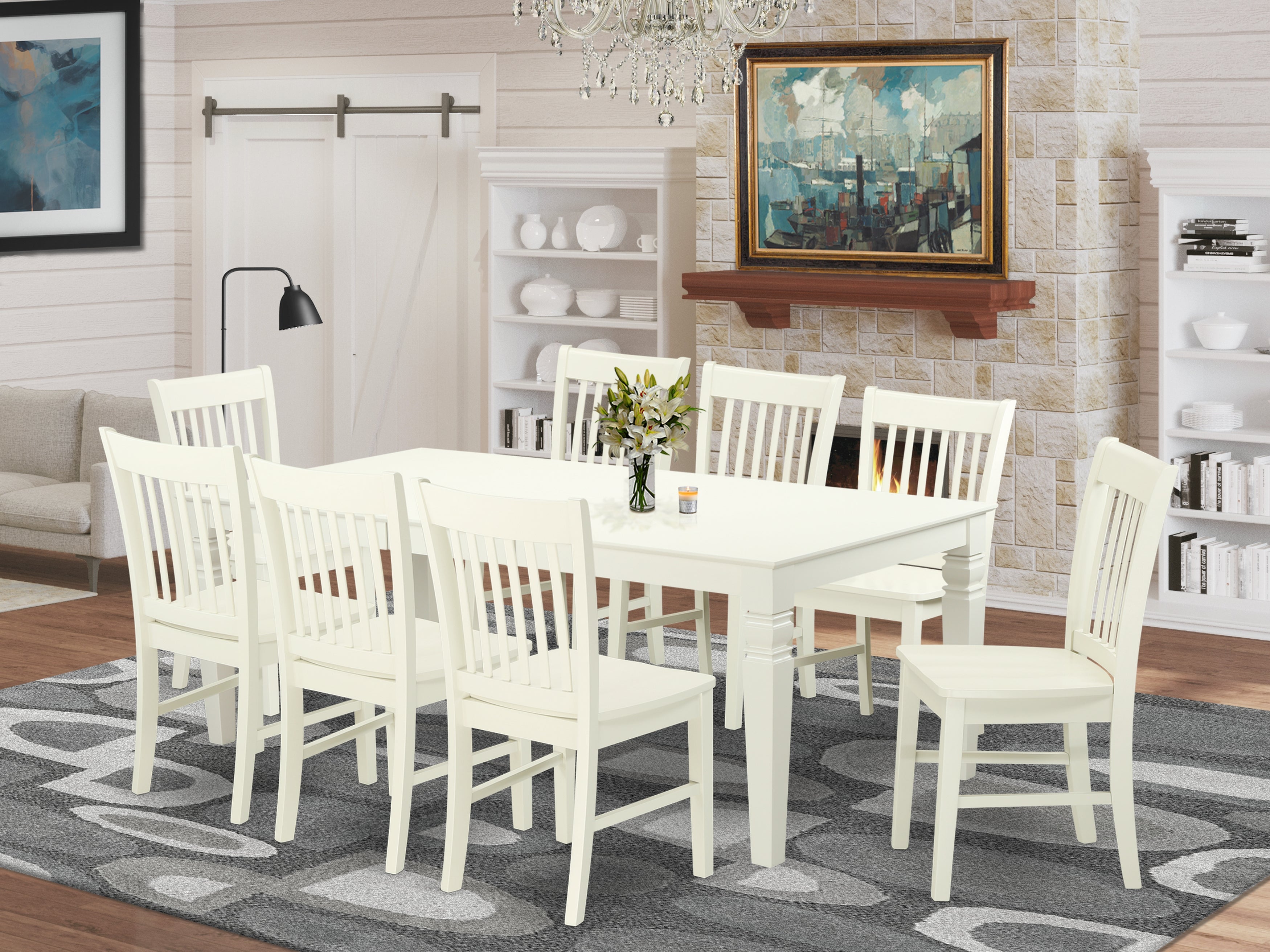 LGNO9-LWH-W 9-Piece Dining Room Set With 1 Logan Kitchen Table And 8 Solid Wood Kitchen Chairs Finished In A Rich Linen White Color.