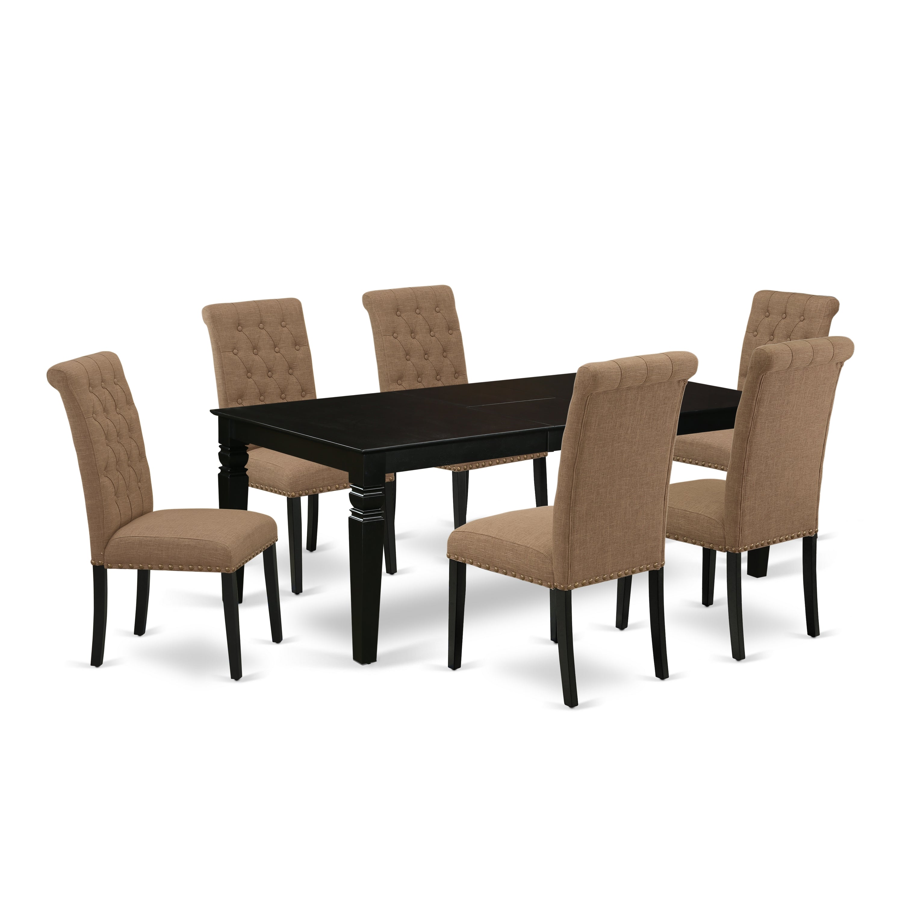 LGBR7-BLK-17 7Pc Dinette Set Includes a Rectangular Kitchen Table with Butterfly Leaf and Six Parson Chairs with Light Sable Fabric, Black Finish