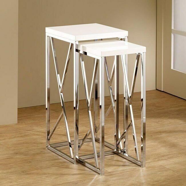 Modern Tall Wood And Chrome White Nesting Tables Set of 2