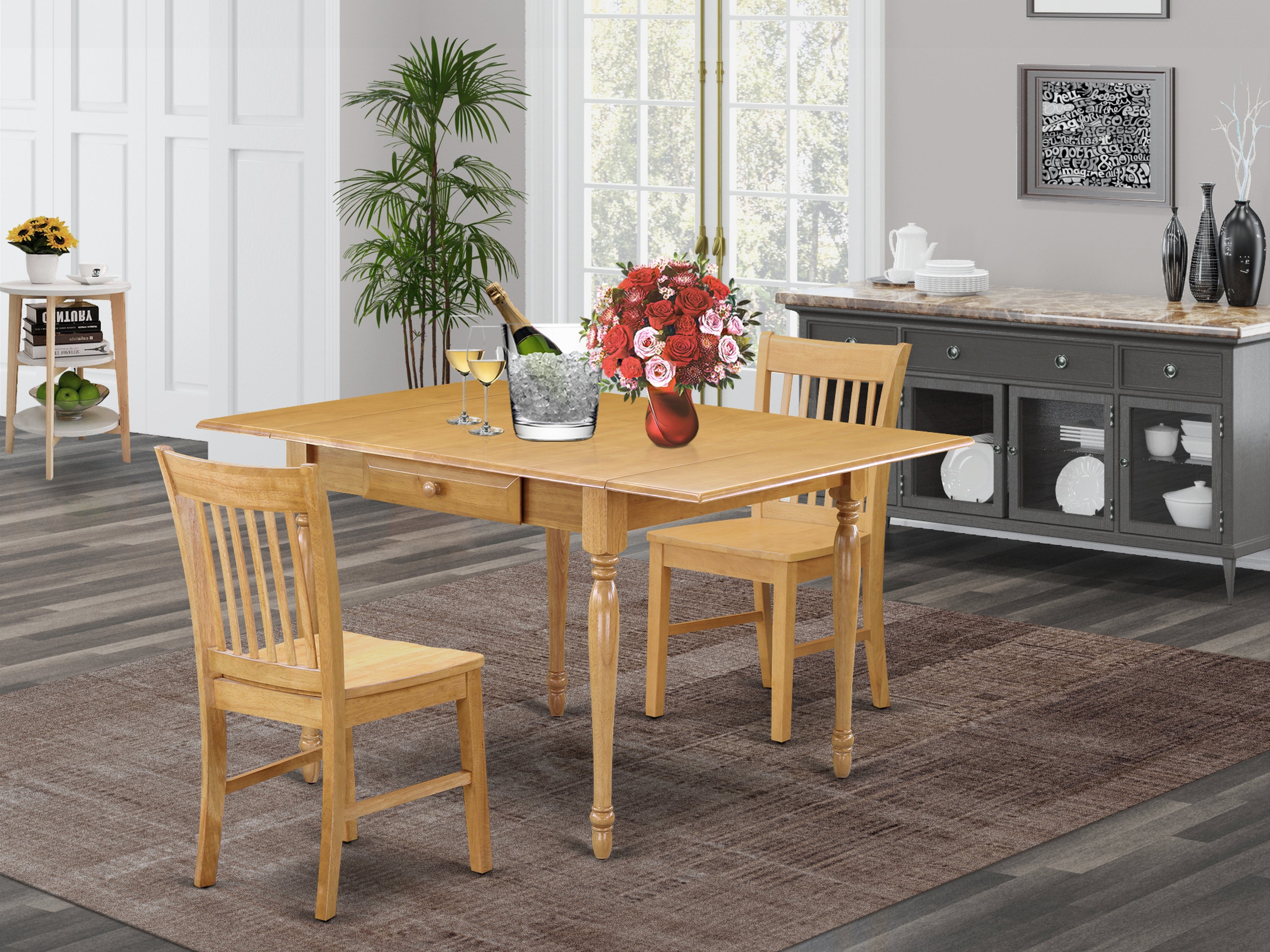 East West Furniture MZNO3-OAK-W 3 Pieces Dining Room set - Strong Drop Leaf Hardwood Dining Table and 2 Solid Wood Seat Kitchen Dining Chairs, Oak Finish