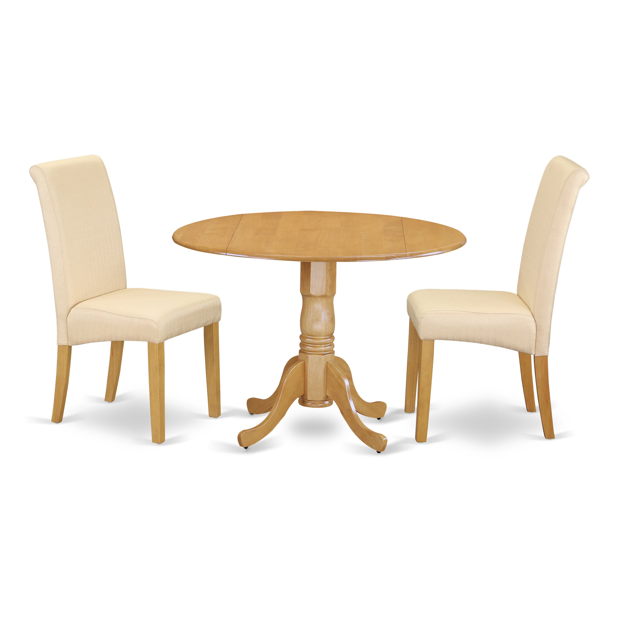DLBA3-OAK-02 3Pc Small Round table with linen beige fabric dining chairs with oak chair legs