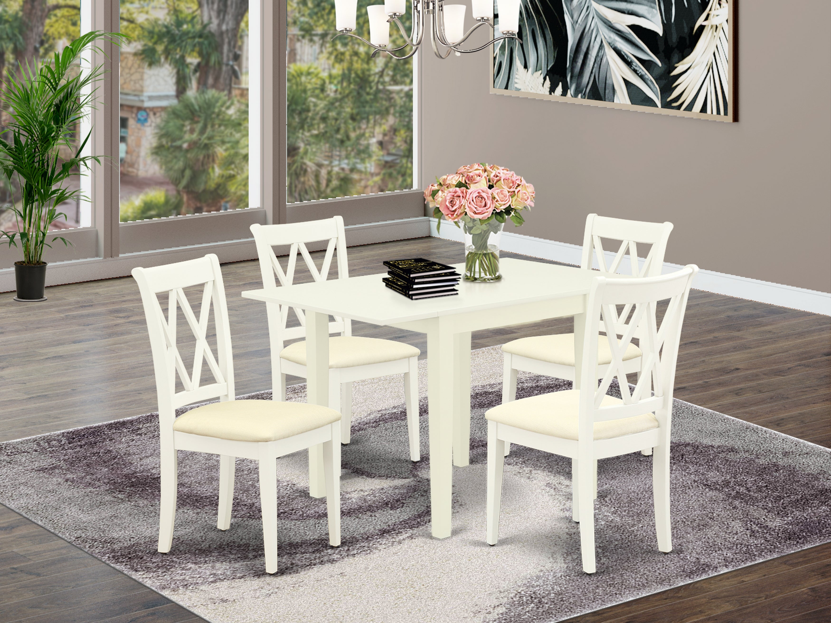 East West Furniture NDCL3-WHI-W Dinette Set for 5- Four Excellent Kitchen Chairs - a Beautiful Wooden Table - Linen White Color Microfiber - Linen White Finish Wooden Frame