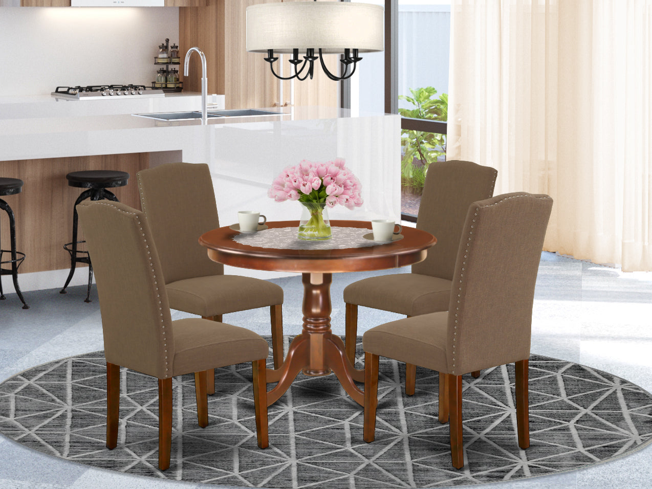 HLEN5-MAH-18 5Pc Round 42 Inch Dinette Table And Four Parson Chair With Mahogany Leg And Linen Fabric Dark Coffee