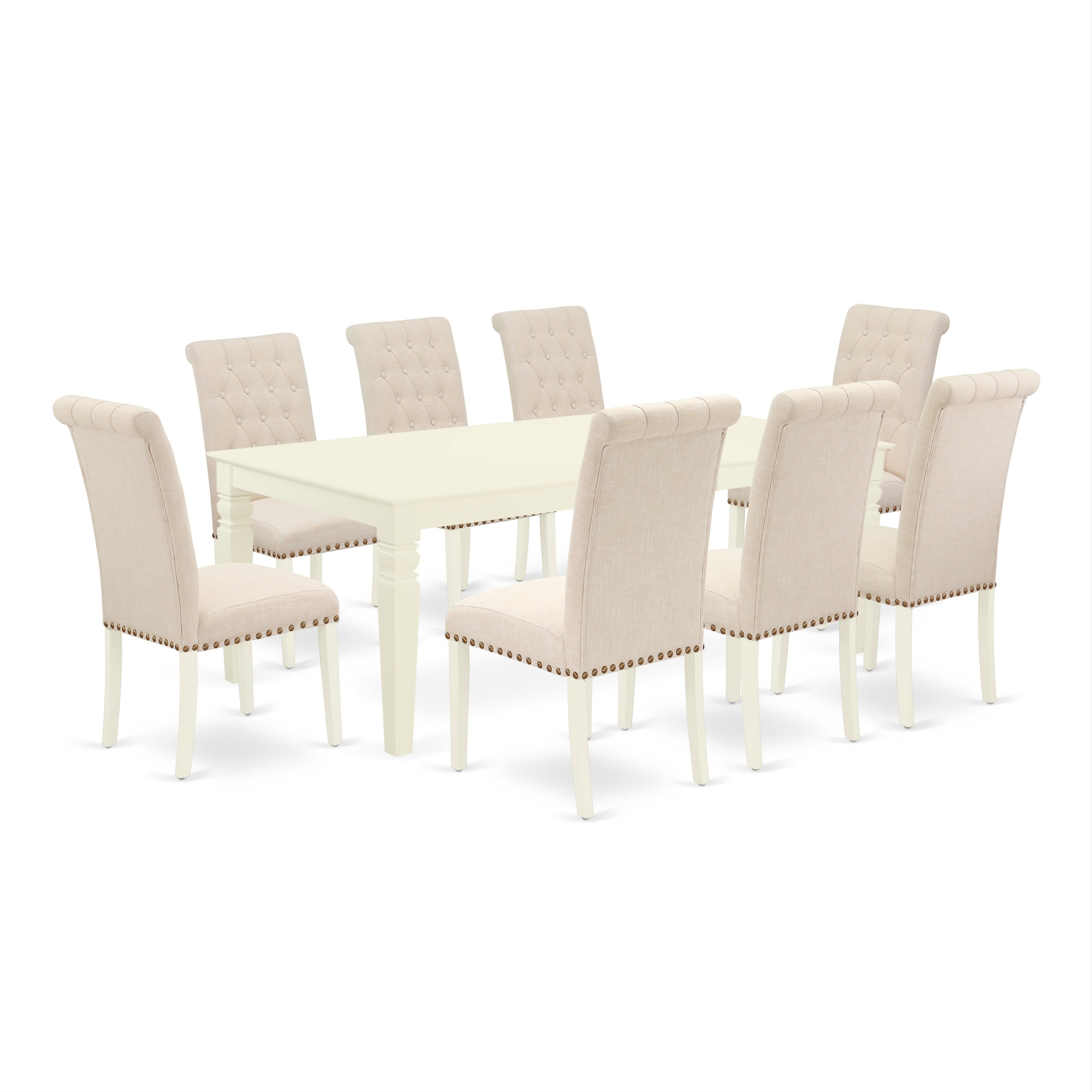 LGBR9-LWH-02 9Pc Dining Set Includes a Rectangle Dining Table with Butterfly Leaf and Eight Parson Chairs with Light Beige Fabric, Linen White Finish