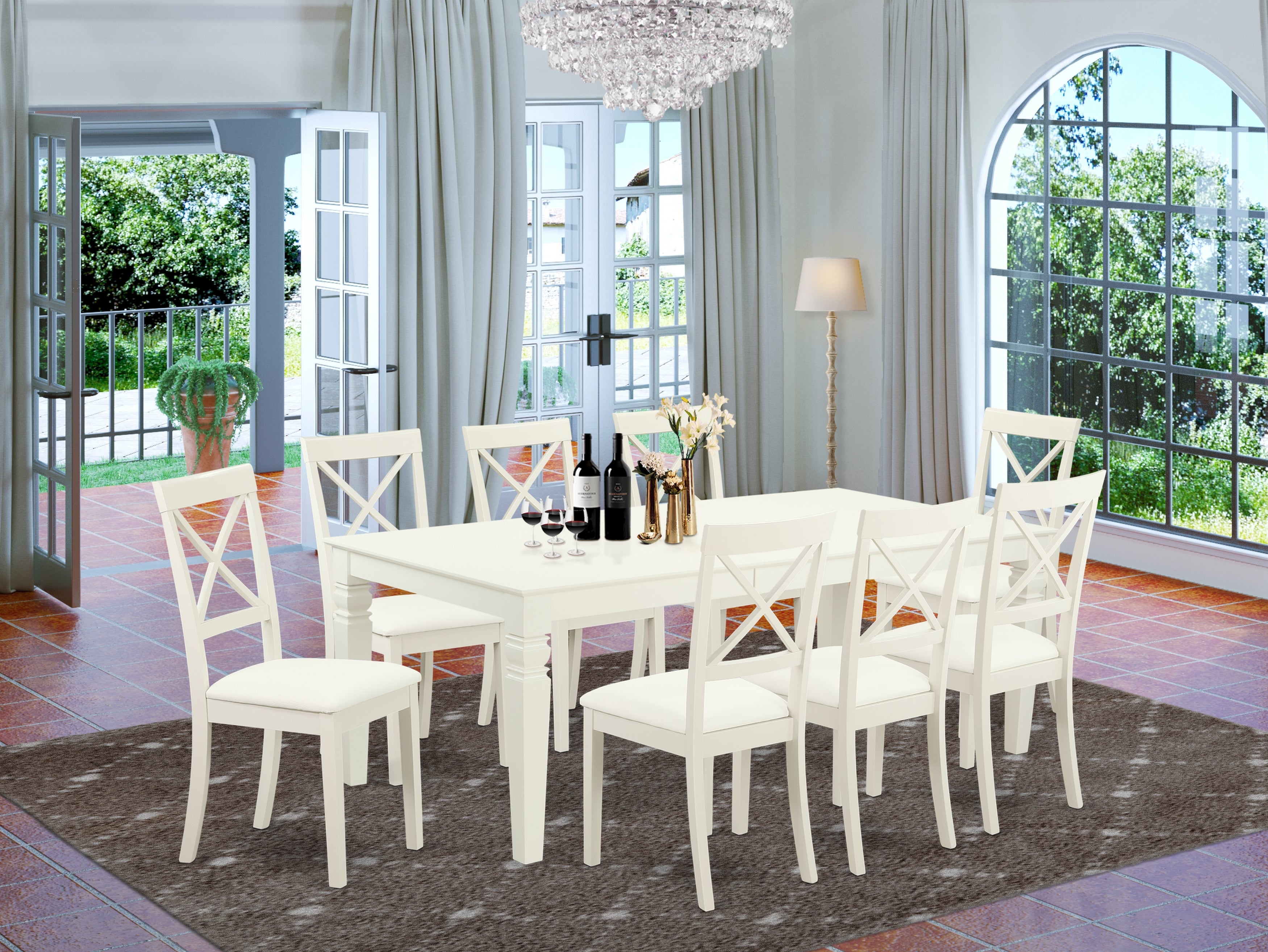 LGBO9-LWH-LC 9-Pc Dining Set With 1 Kitchen Table And 8 faux leather seat Chairs Finished In Linen White Color.