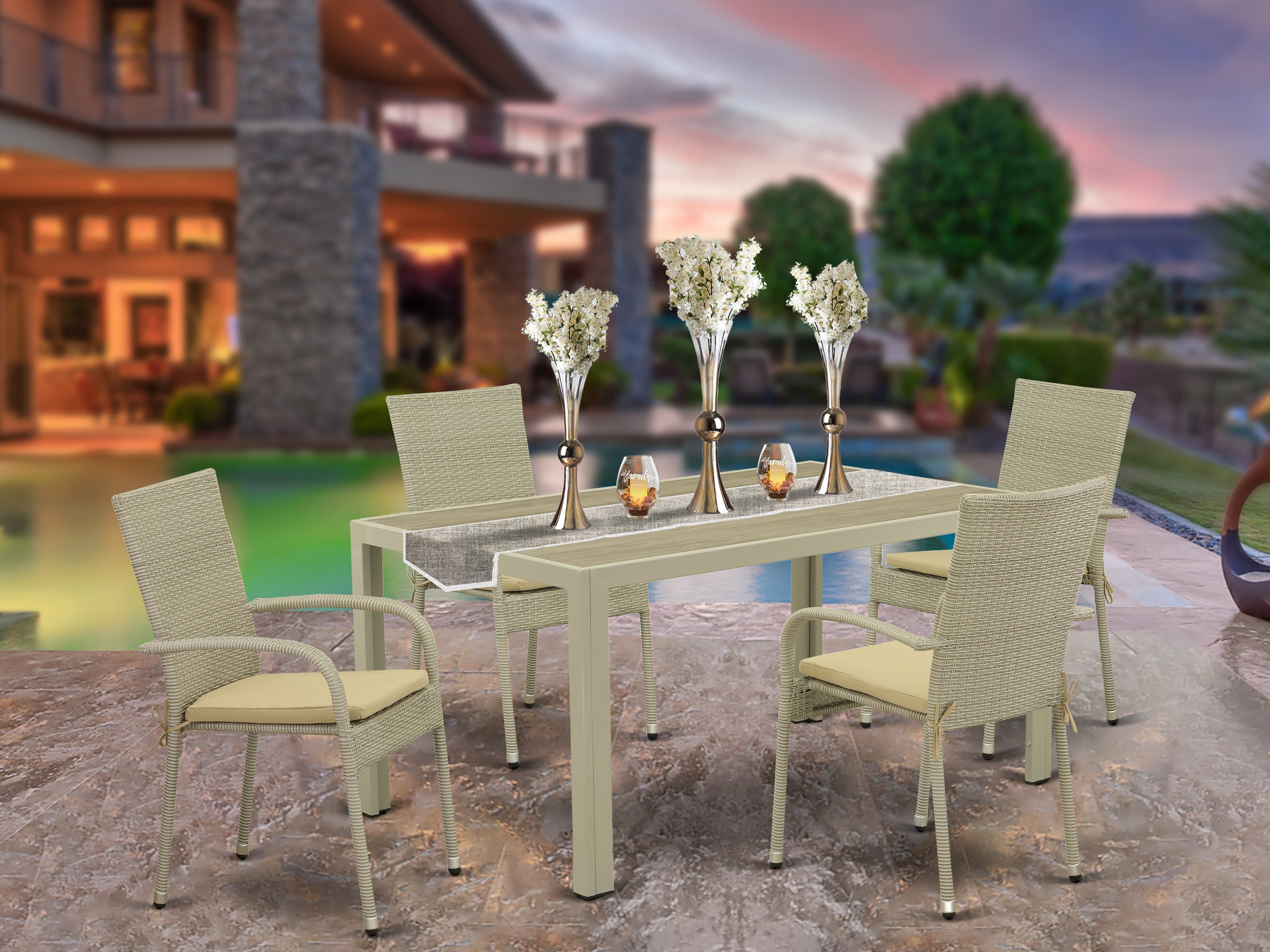 JUGU5-03A 5Pc Outdoor-Furniture Natural Color Wicker Dining Set Includes a Patio Table and 4 Balcony Backyard Armchair with Linen Fabric Cushion