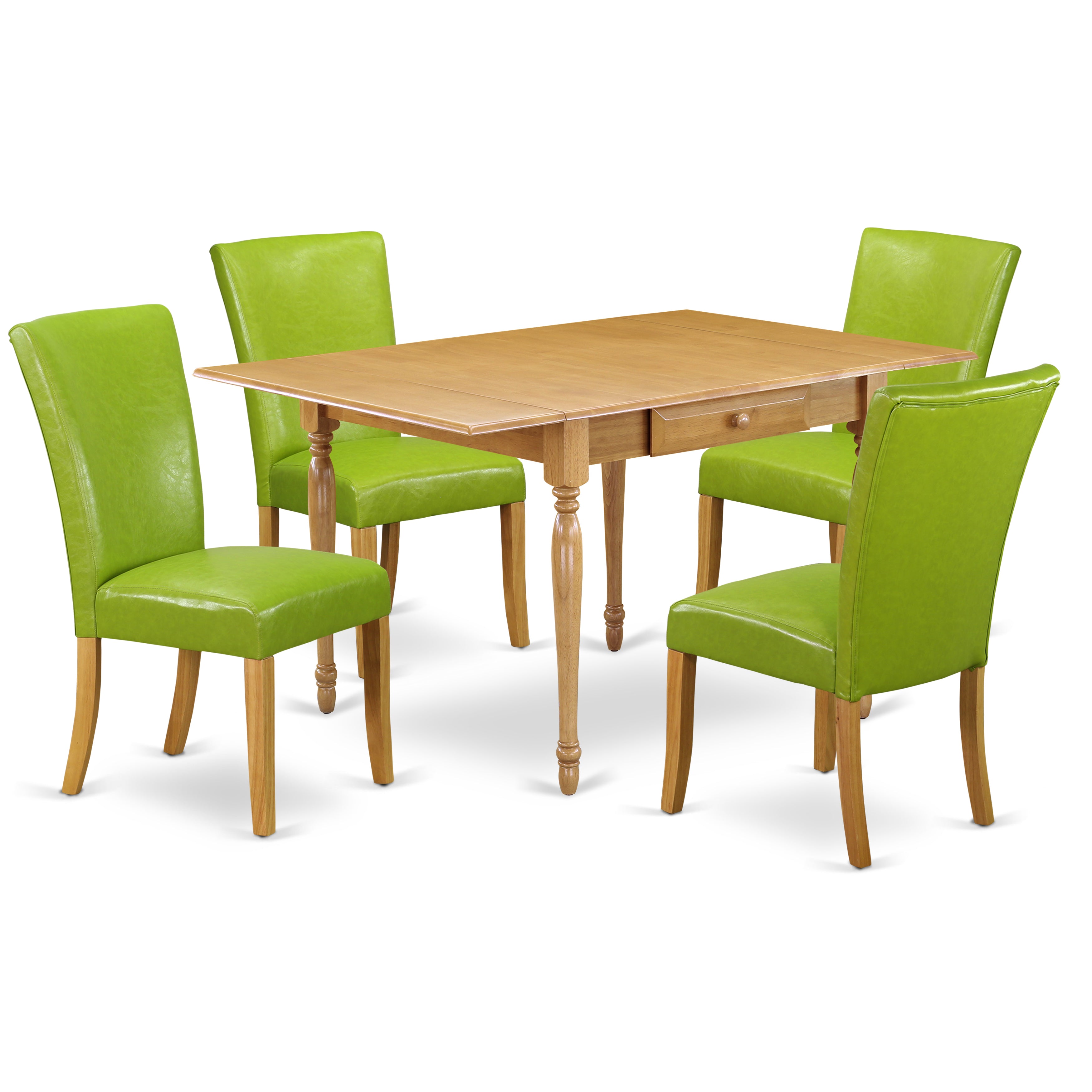 East West Furniture MZAL5-OAK-51 5Pc Dining Room Table Set Contains a Small Dining Table and 4 Upholstered Dining Chairs with Autumn Green Color PU Leather, Drop Leaf Table with Full Back Chairs, Oak Finish